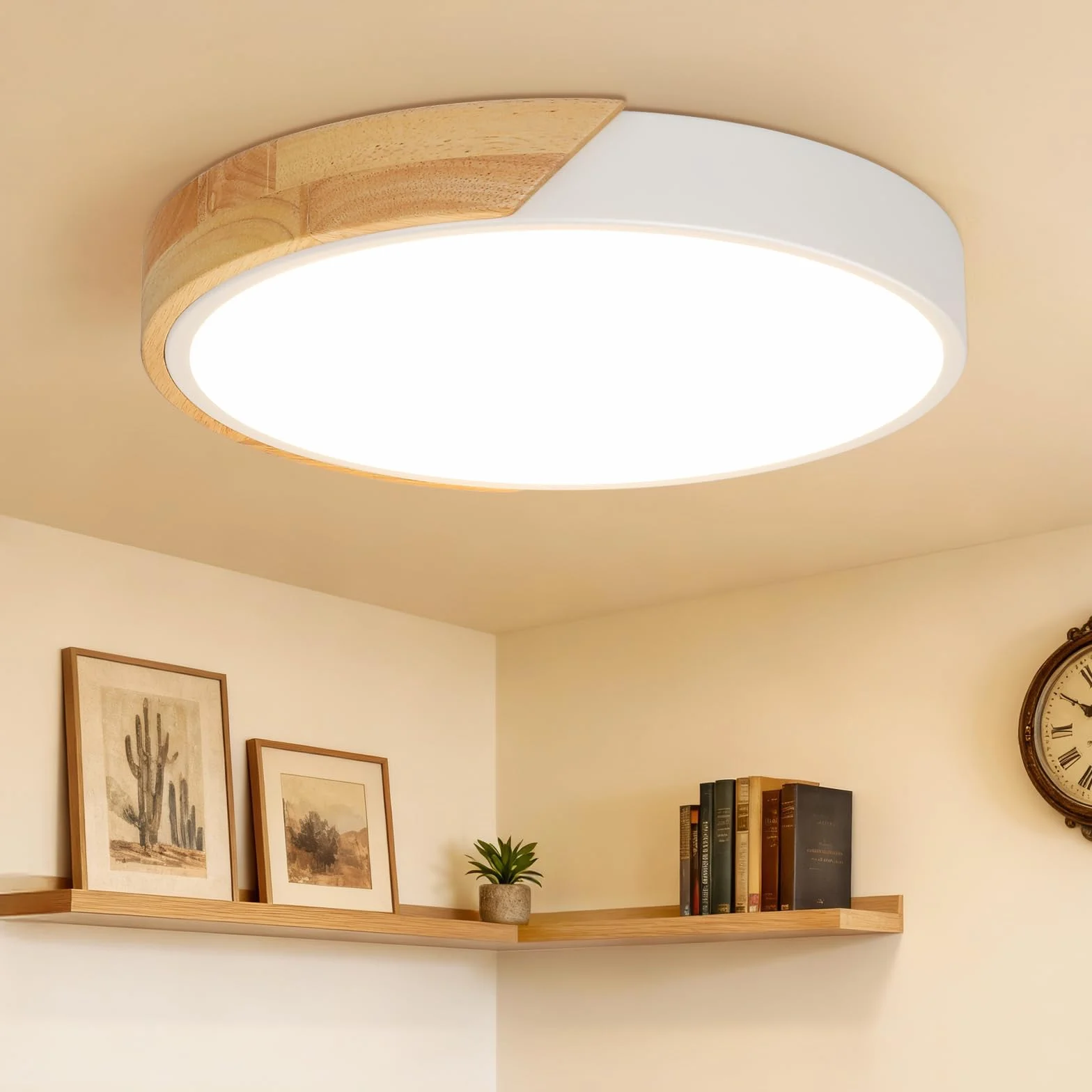 Kimjo Lámpara LED Techo Redonda 24W φ30cm 3000K 2400LM Plafón Madera Blanco