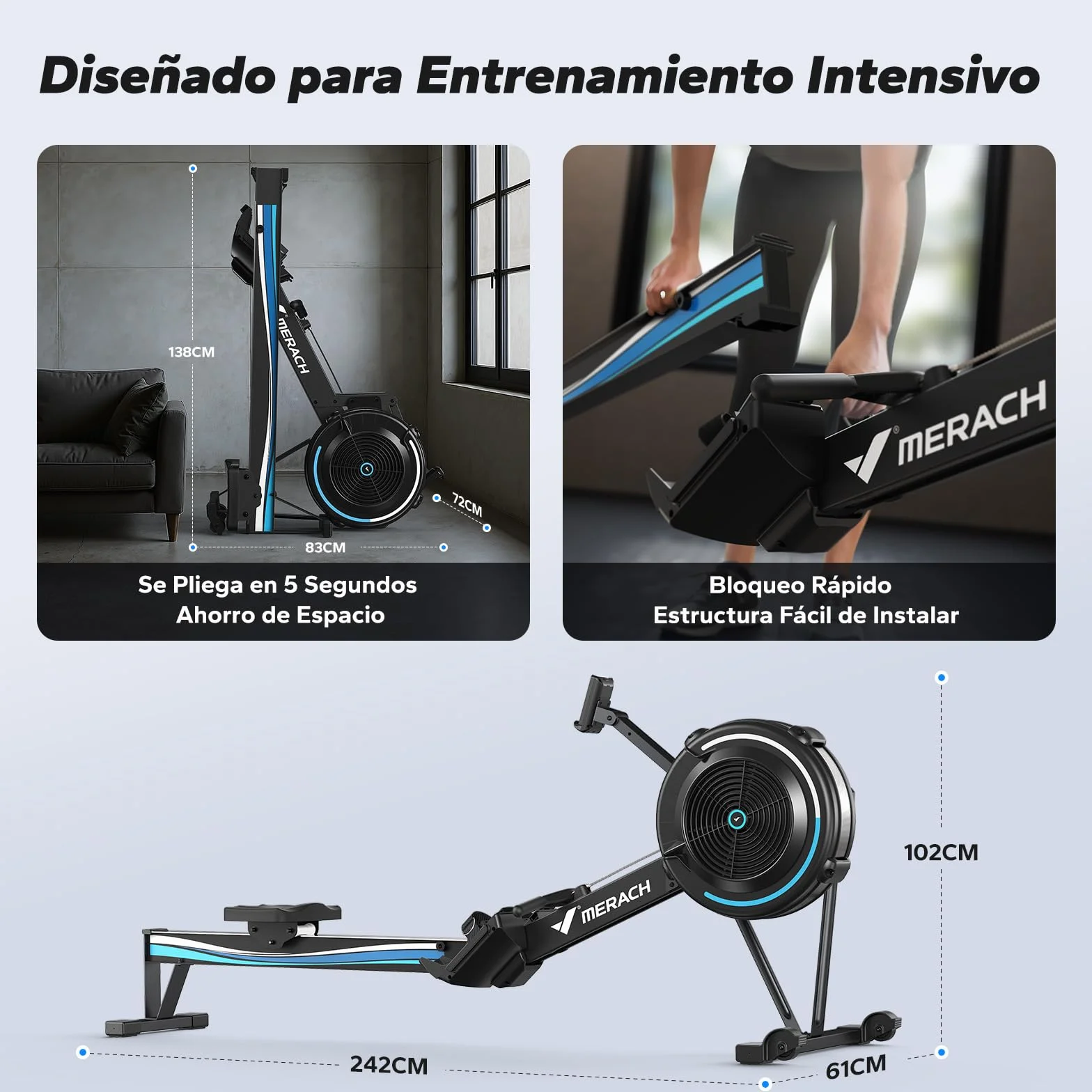 MERACH R50 Máquina de Remo para casa con Resistencia de Aire, 10 Niveles Ajustables con App Exclusiva, Máquina de Remo Profesional para Interiores, Asiento Ergonómico y Cómodo