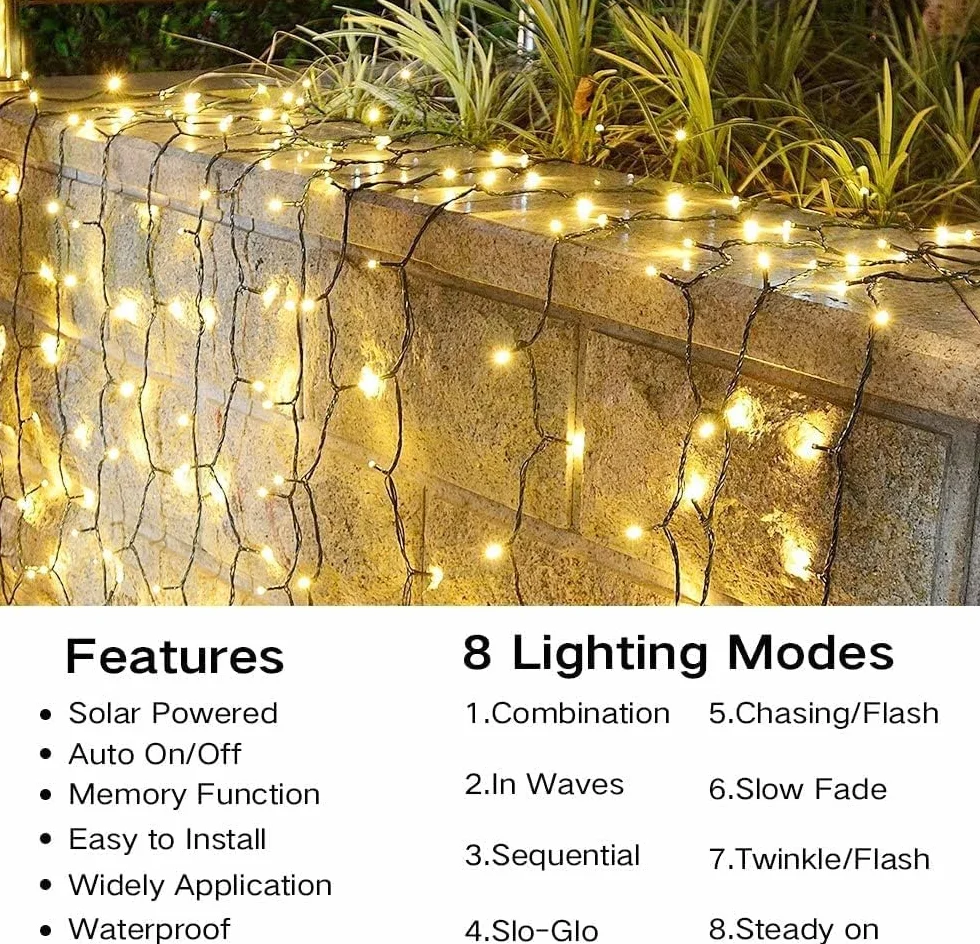 Guirlanda Solar para Exteriores 12m 100 Led Resistente a la Intemperie 8 Modos Impermeable Blanco Cálido