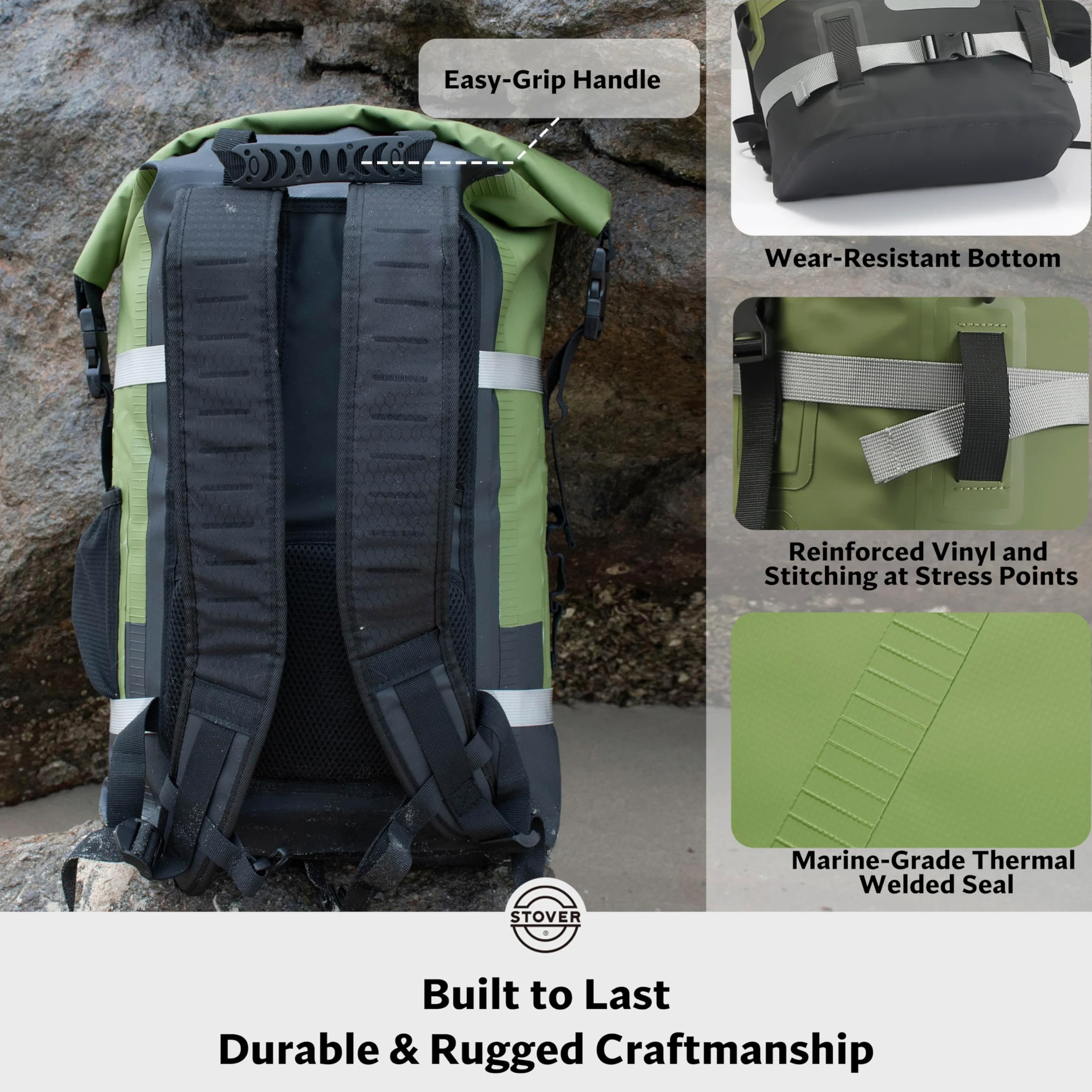 STOVER Bolsa seca impermeable de 25/30/40/55 L, mochila seca resistente con parte superior enrollable para kayak, canotaje, camping, hombres y mujeres, Verde, 40L US, Bolsa seca