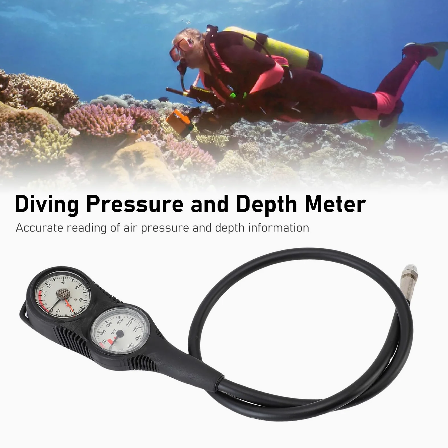 Probador de Medidor Doble de Buceo Preciso Lectura Precisa para Entusiastas del Buceo Material TPR Marco Negro Esfera Blanca para Diversos Entornos Submarinos