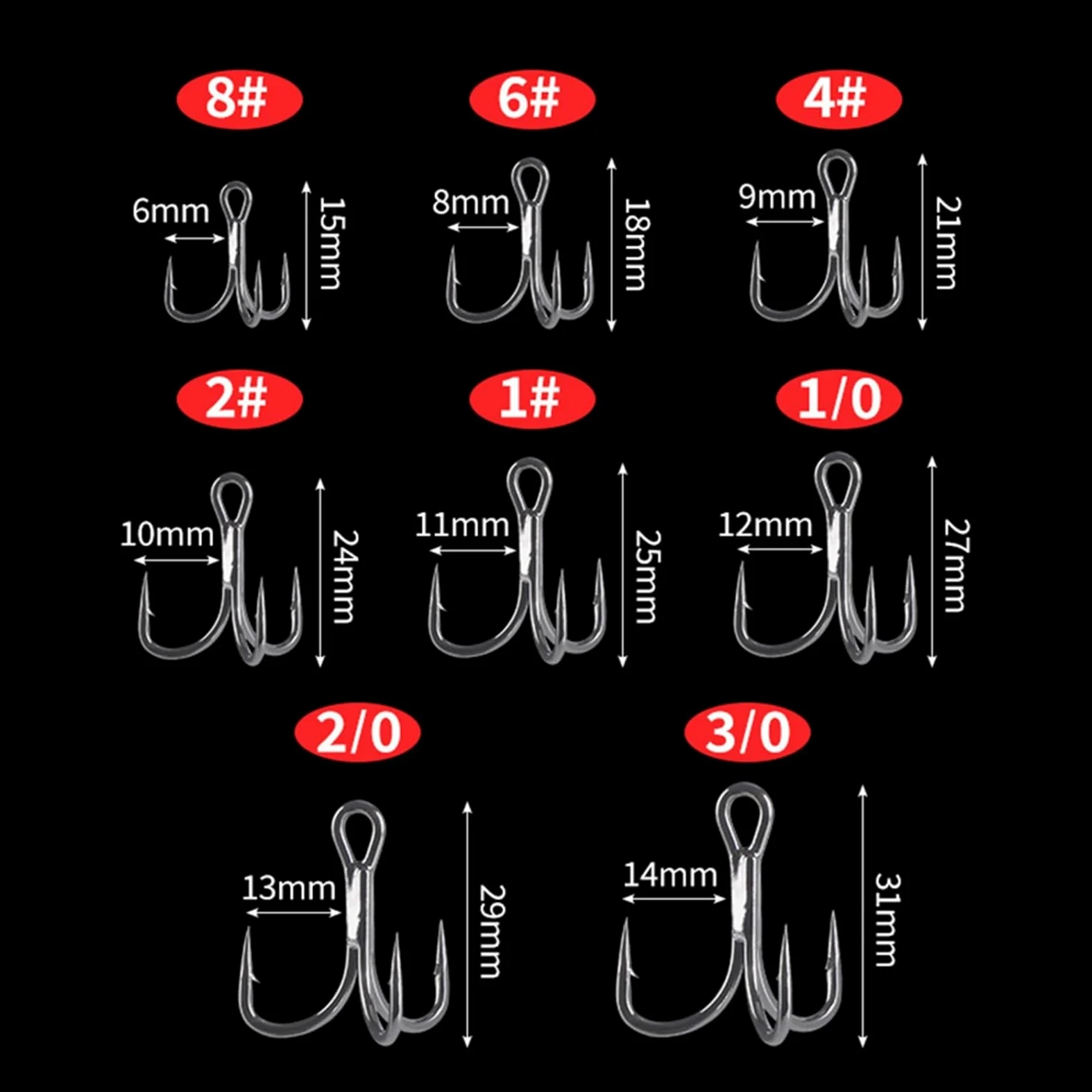 Fuerte Afilado Anzuelo Triple de Pesca 6X Fuerte Acero al Carbono Curva Redonda clásica Juego anzuelos triples for salmón Gran Anzuelos de Pesca(50pcs Size 3/0)