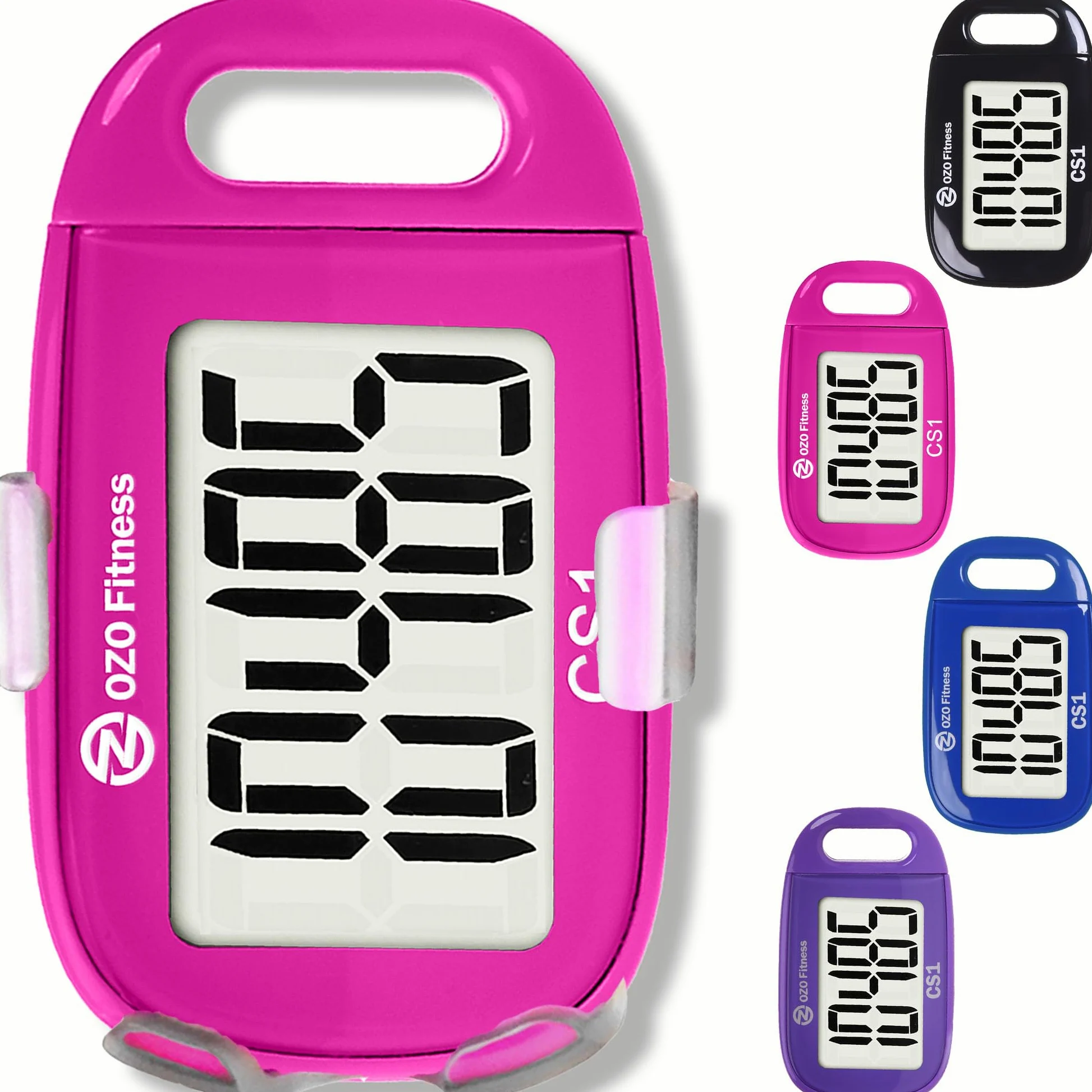 CS1 Easy Podómetro para caminar – Contador de pasos con pantalla grande, clip y cordón (rosa)