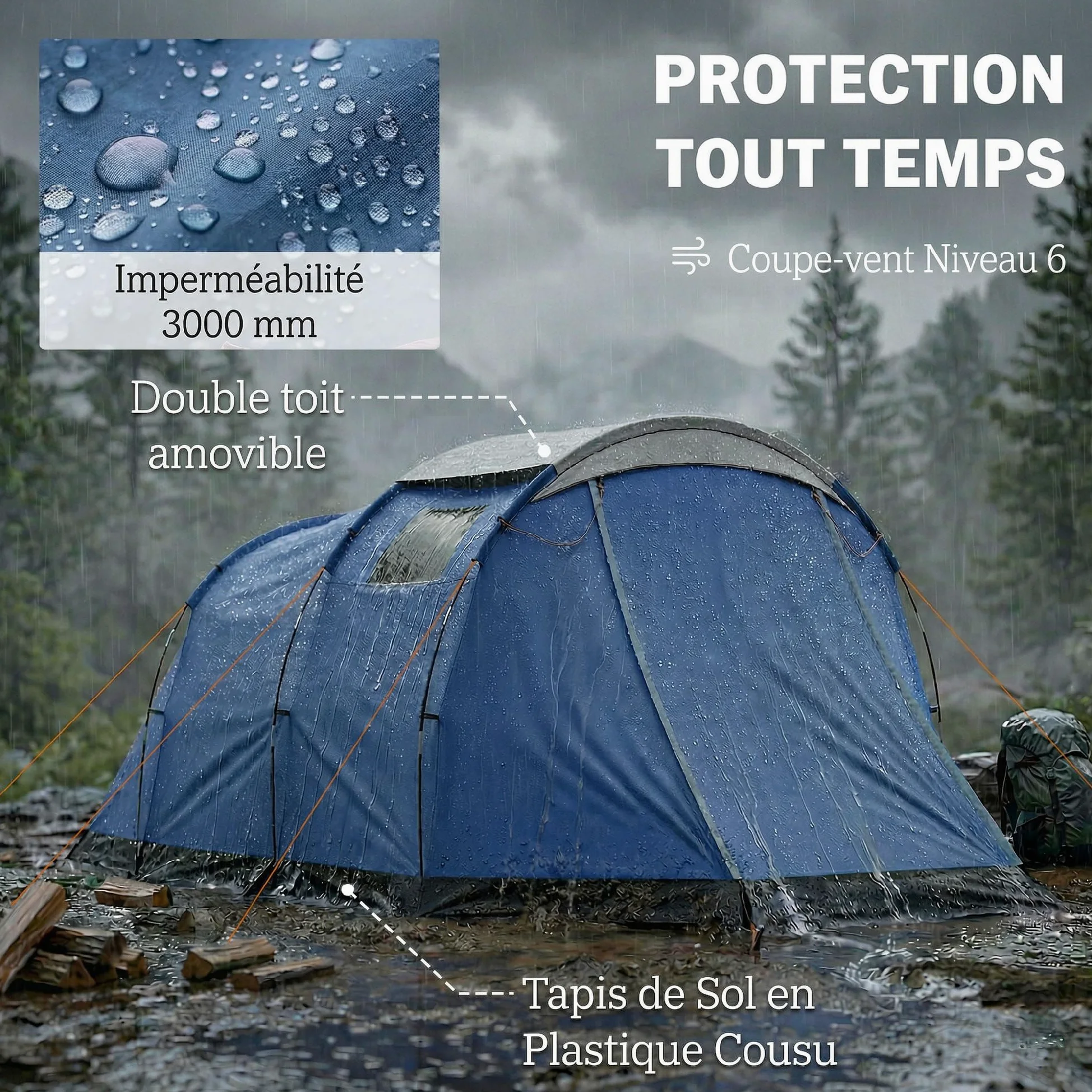 Outsunny - Tienda de campaña (túnel de 4 personas, 3000 mm, 190 cm), color azul oscuro | Amplio salón, doble capa, cobertizo de jardín, Bivouac Senderismo, con toldo, altura de pie 190 cm