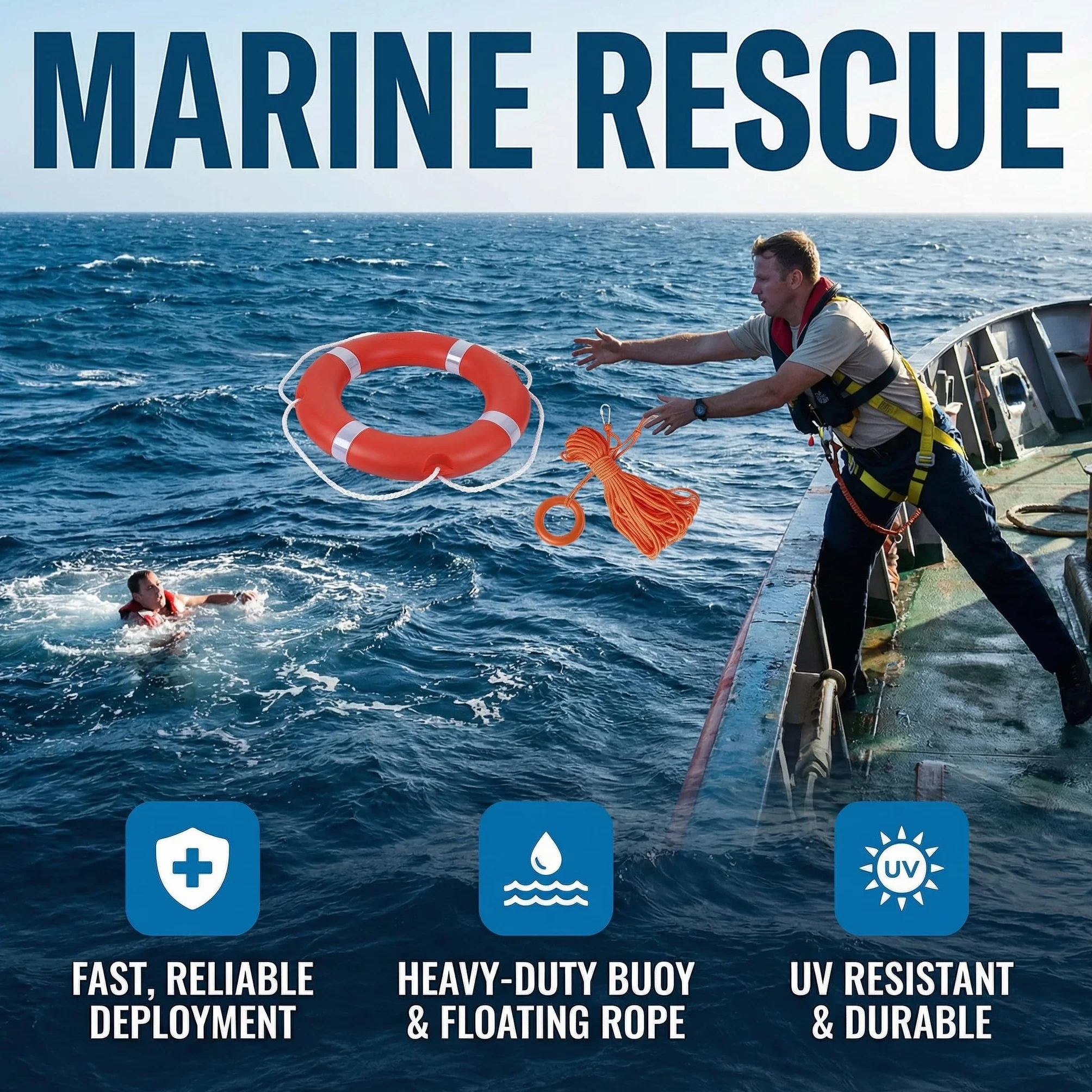 Aro Salvavidas de Barco de 72 CM con Cuerda de aro Salvavidas Flotante de Agua 30 M, 2,5 KG estándar Internacional Profesional al Aire Libre Anillo Salvavidas