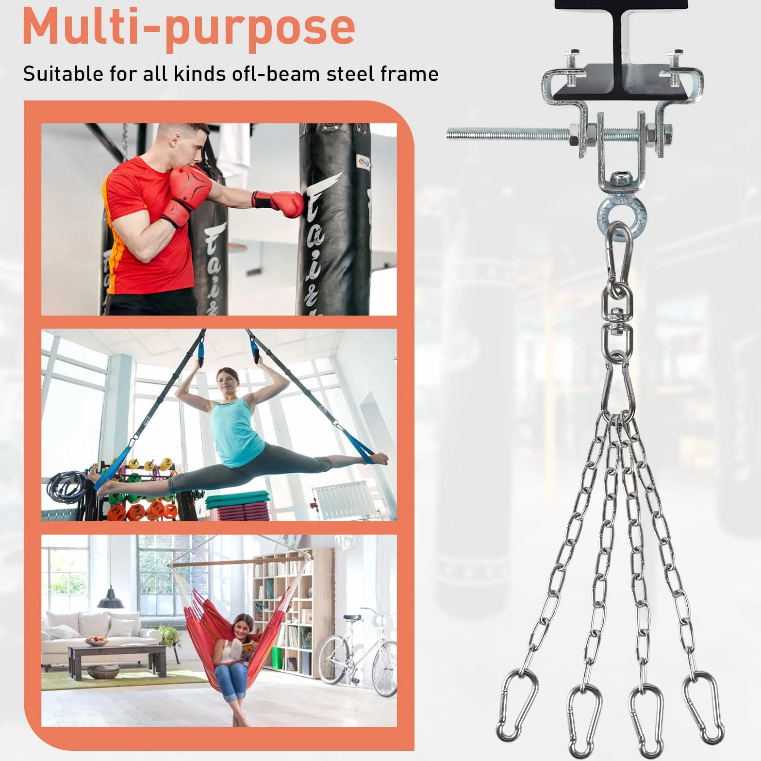 1 Pieza Soporte para Viga en I, Soporte de Acero para Saco de Boxeo con Cadena de 4 Ramales, Mosquetón de Fijación para Saco de Arena, Entrenamiento en Interior/Exterior, Muay Thai, Boxeo, MMA
