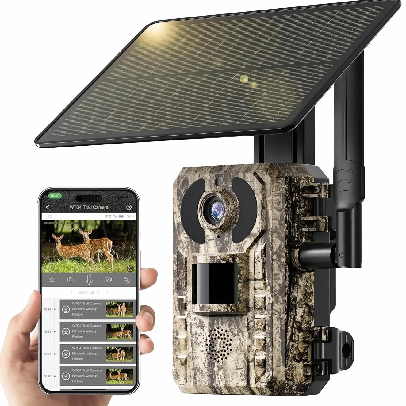 4G LTE Cámara de Caza Solar con Tarjeta SIM, Cámara Fototrampeo sin WiFi, 10400 mAh Batería, Visión Nocturna 950nm Infrarrojos Invisible, Audio de 2 vías, 0,2s Activación, IP66 Impermeable