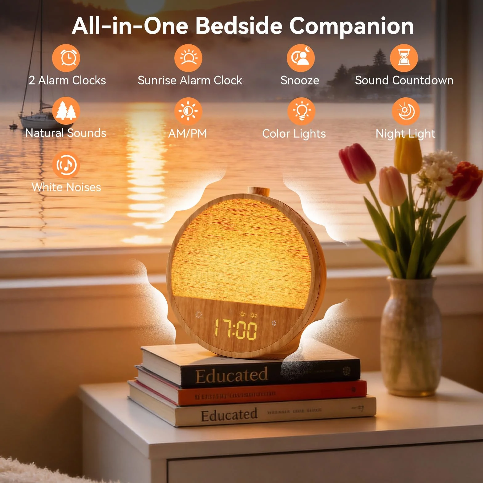 Blonbar Despertador con Luz Simulación Amanecer Lámpara Cabecera 10 Sonidos Naturales Blancos RGB