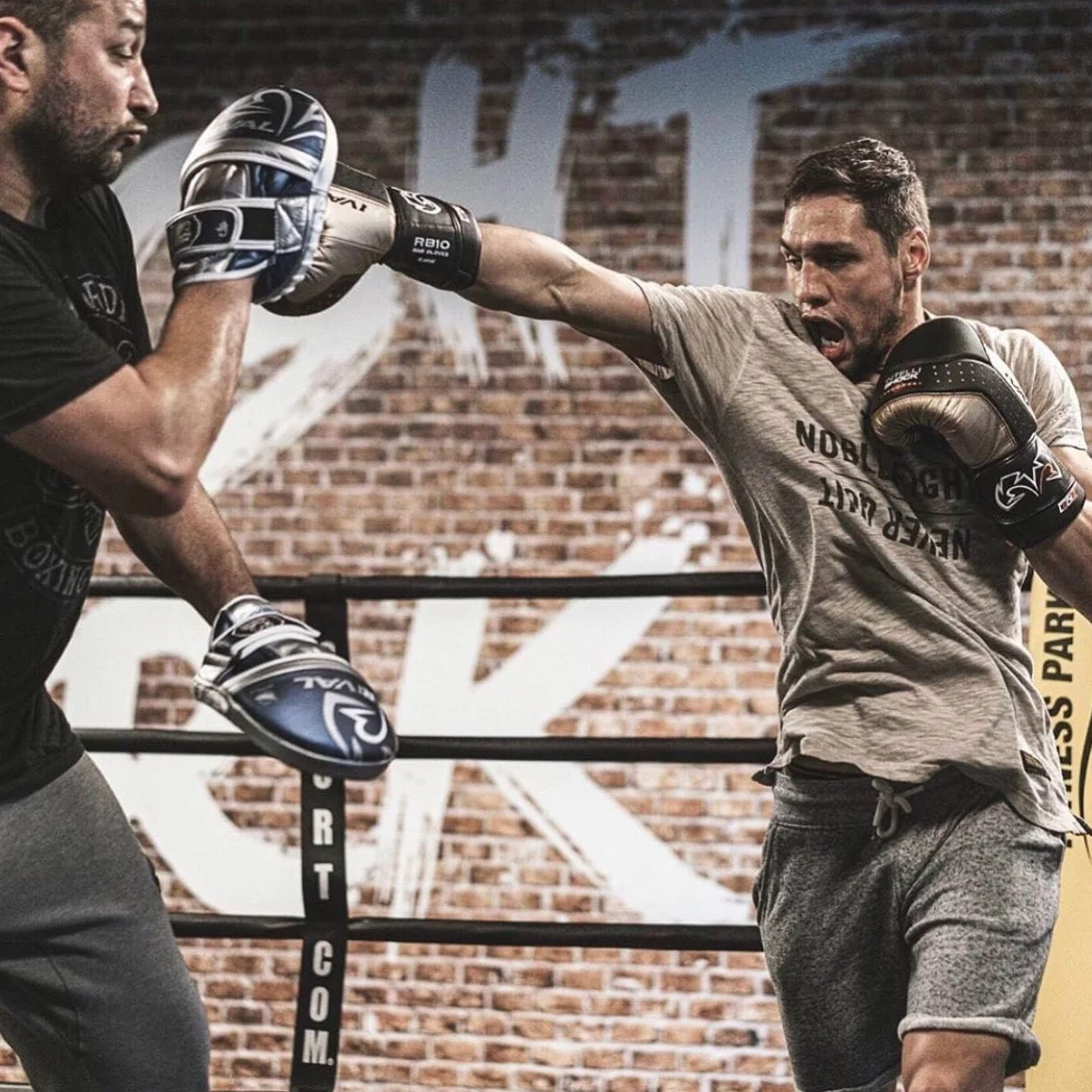 RIVAL Boxing RB10 Intelli-Shock - Guantes para bolsa, cierre de velcro, ajuste ergonómico, 1.25 pulgadas de espuma de celda cerrada para uso intensivo de bolsa, negro/azul, L