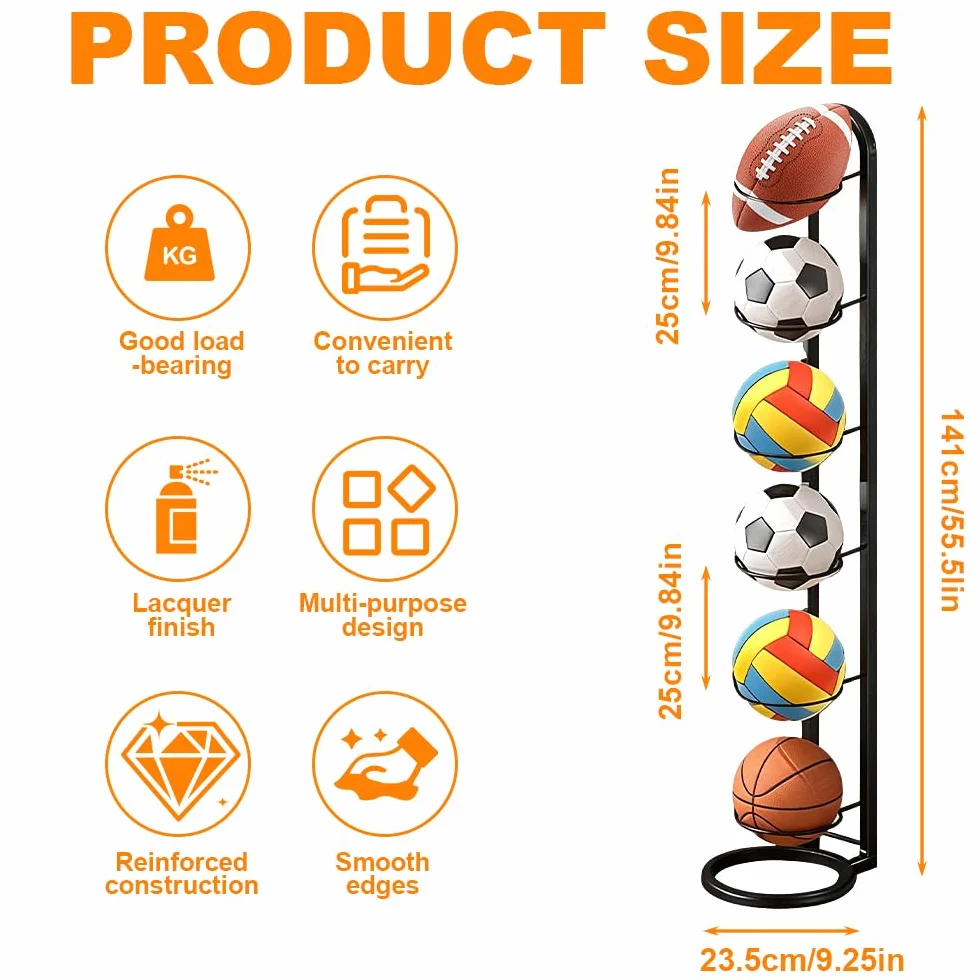 Estante de Almacenamiento de Pelotas, 6 Niveles Soporte de Exhibición Vertical, Soporte para Bolas de Futebol Baloncesto, Negro Soporte Vertical para Pelotas de Futbol Voleibol Deportivas