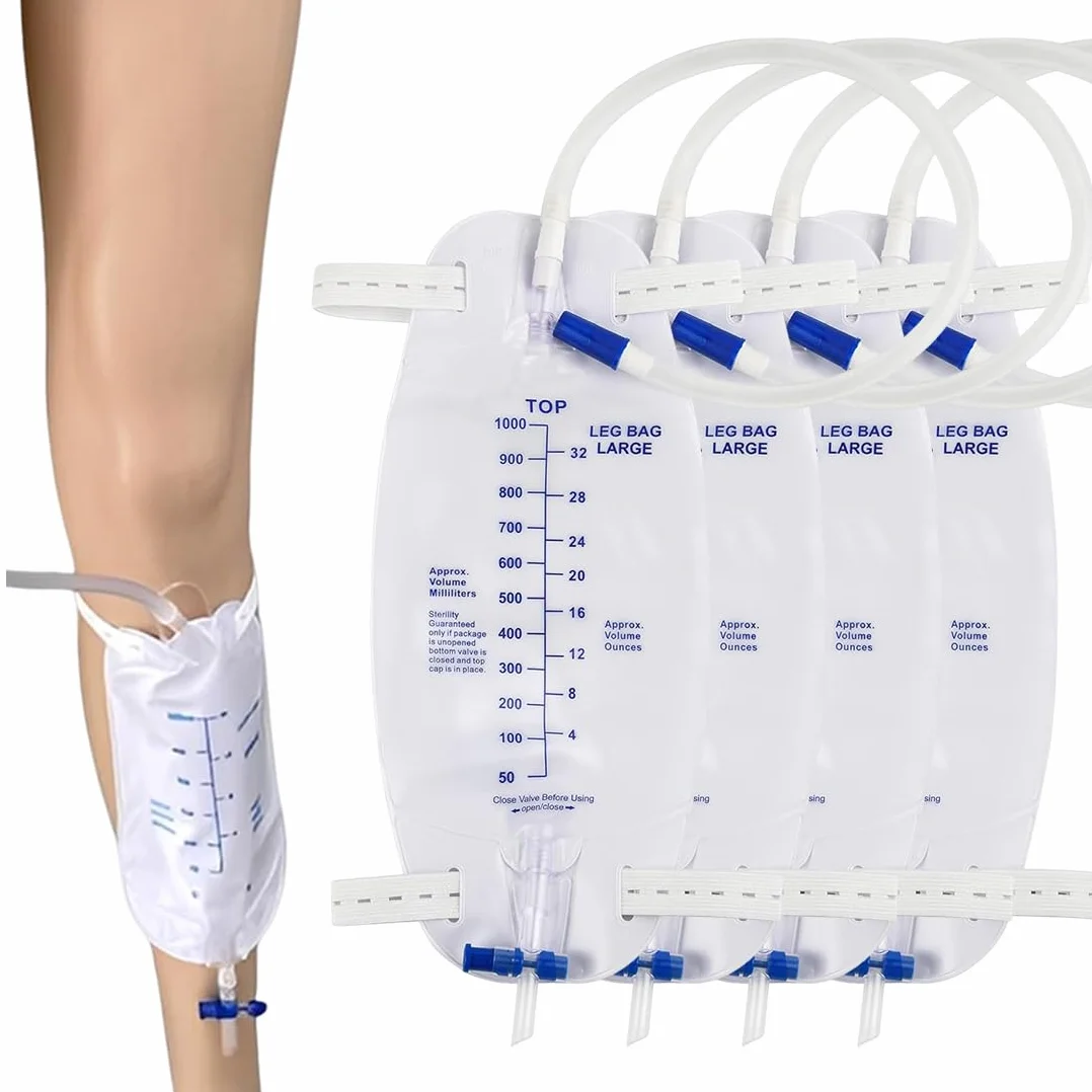 4 Piezas Bolsas de Orina de 1000 ml para Piernas con Válvula Antirreflujo