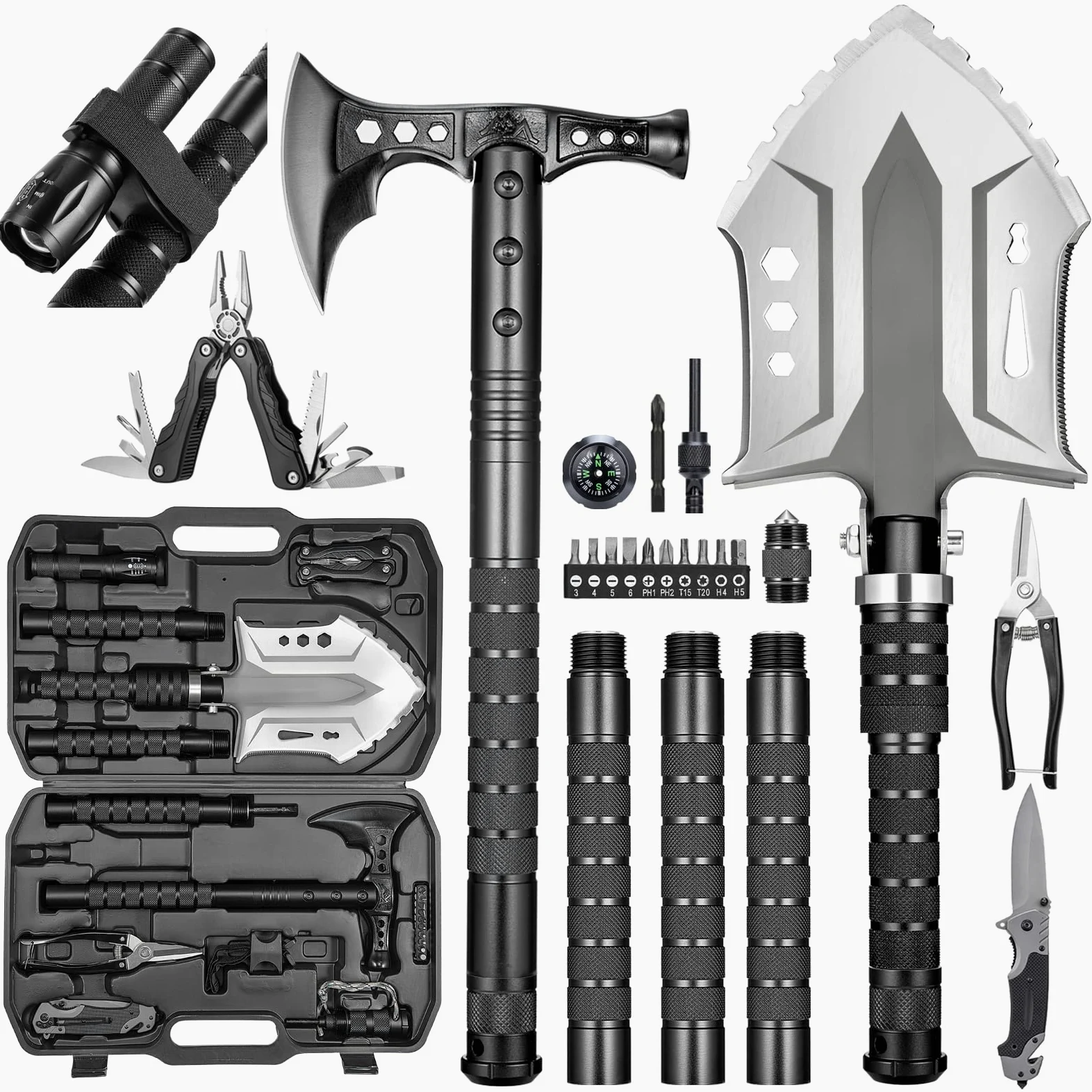 Juego de pala de supervivencia al aire libre con equipo de camping de acero de alto carbono para hombres al aire libre, senderismo, mochileros, emergencia | Equipo de camping para hombre, al aire libre, camping, senderismo, mochilero, emergencia