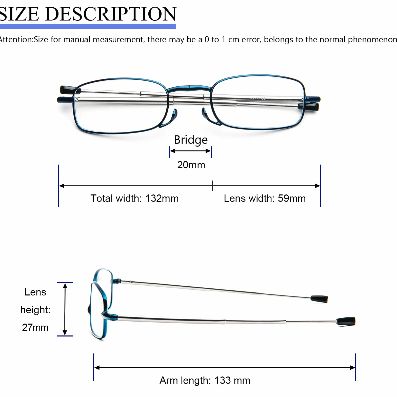 Gafas de Lectura Plegables con Filtro de Luz Azul Varillas Telescópicas Estuche Portátil Azul +2.0