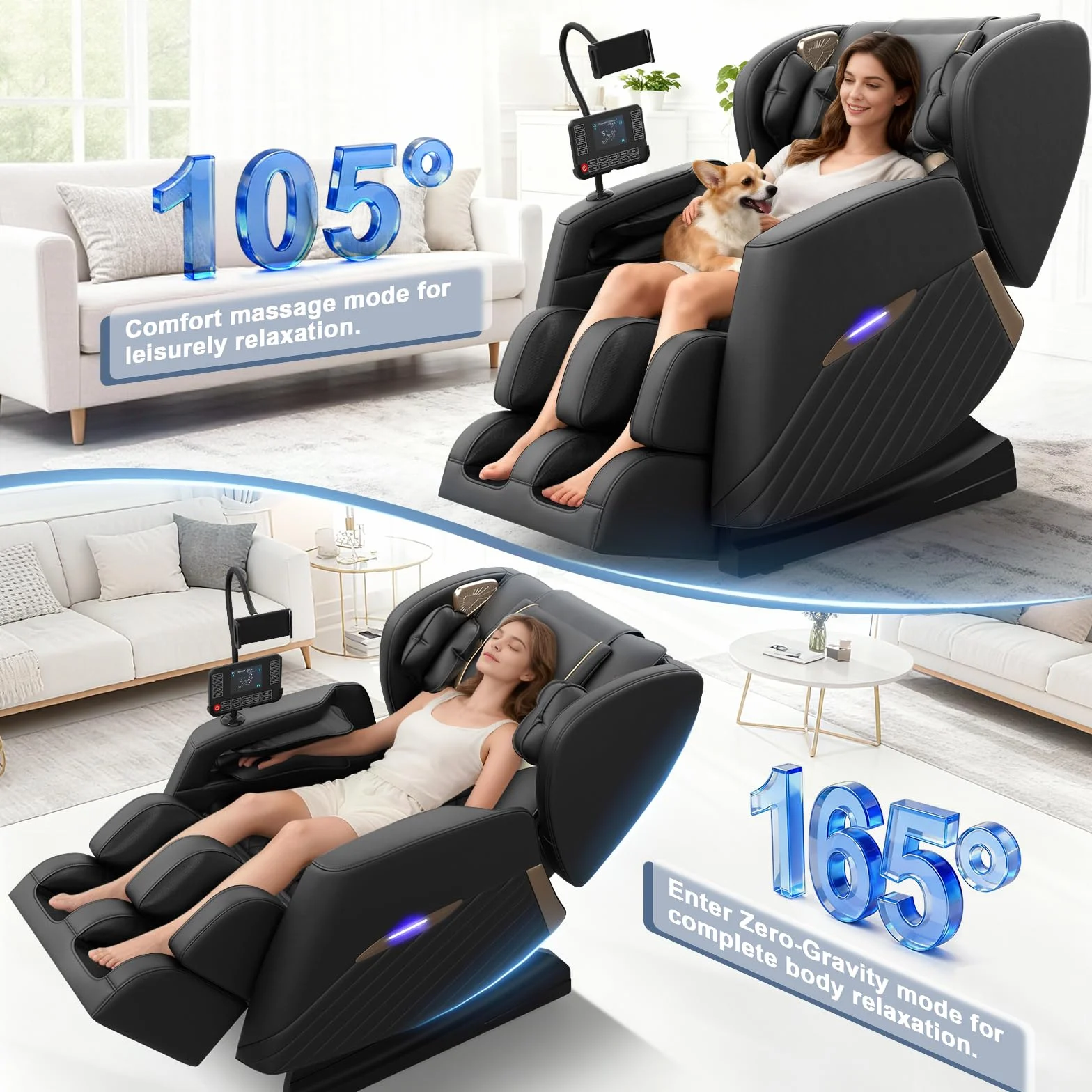 Sillón de Masaje de Cuerpo Completo con Gravedad Cero, 16 Puntos de Masaje, 8 Airbags, Calefacción Lumbar y Bluetooth