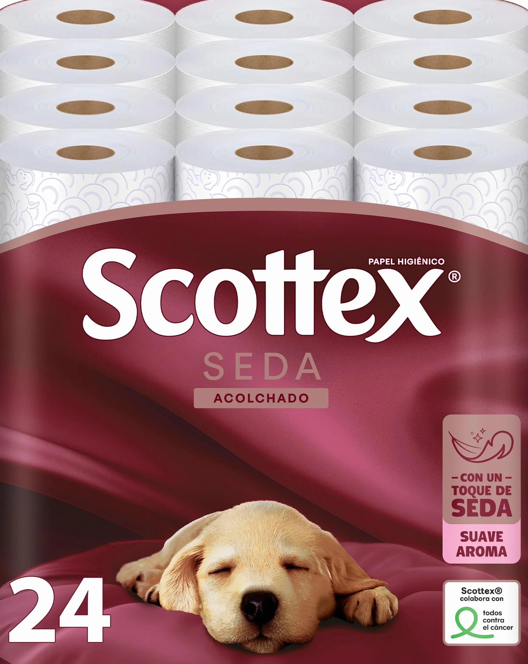Scottex Papel Higienico Seda Acolchado, Pack 24 Rollos Grandes, 3 Capas, Acolchado, Suave
