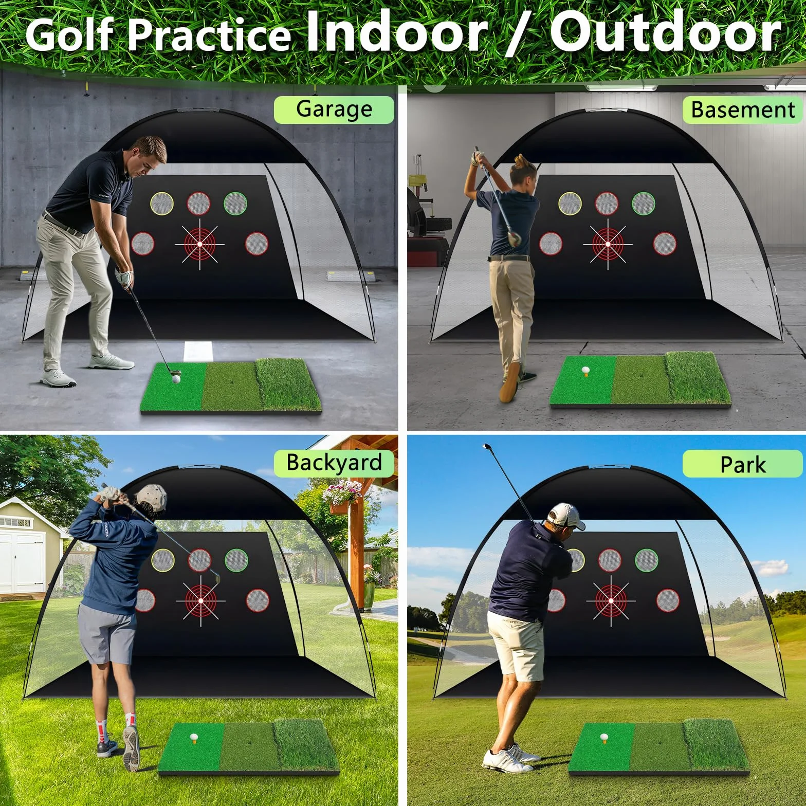 TTCB Sports Red de práctica de golf al aire libre, red de golpeo de golf de 10 x 7 pies para interiores con alfombrilla y corrector de swing para conducir en el patio trasero, astillado, accesorios de