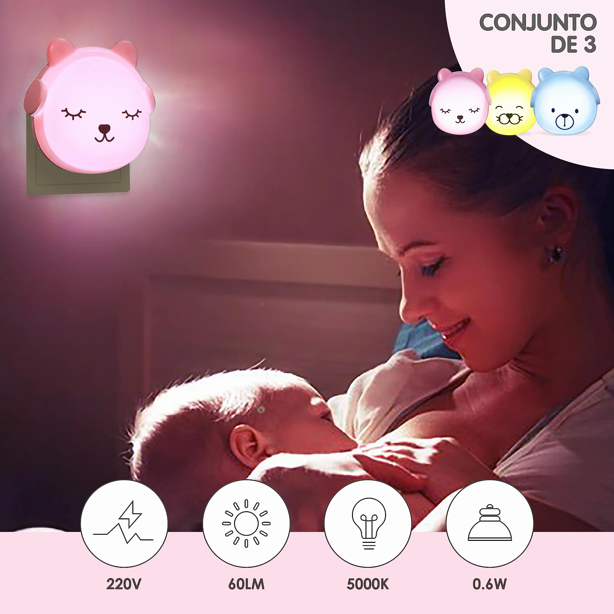 BRUNOKO Set 3 Ositos Luz Nocturna Infantil con Sensor Quitamiedos Pared