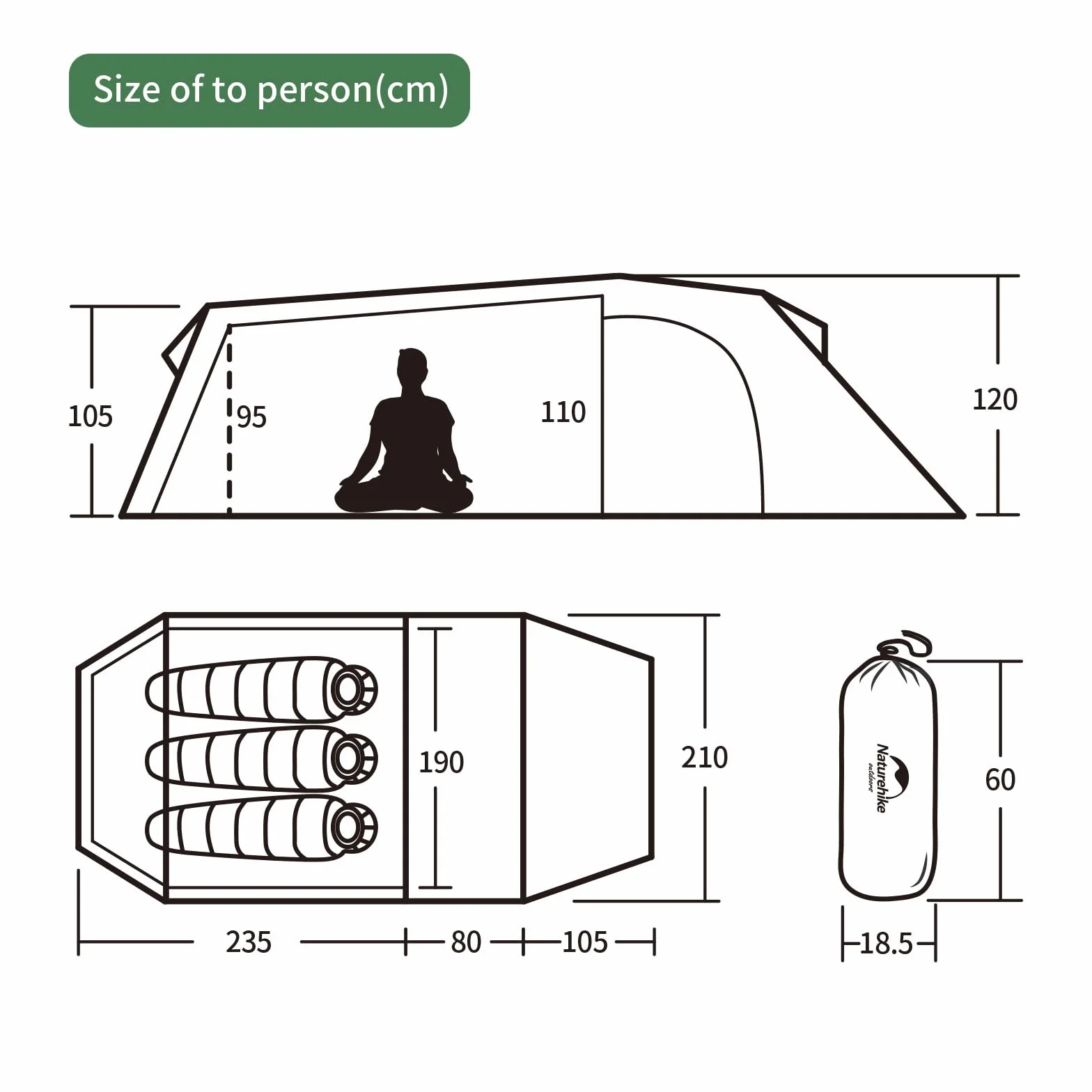 Naturehike Opalus Carpa para Mochileros Carpa Familiar Espaciosa y Liviana para 2/3 Personas Carpa Túnel para 2/3 Personas con Toldo
