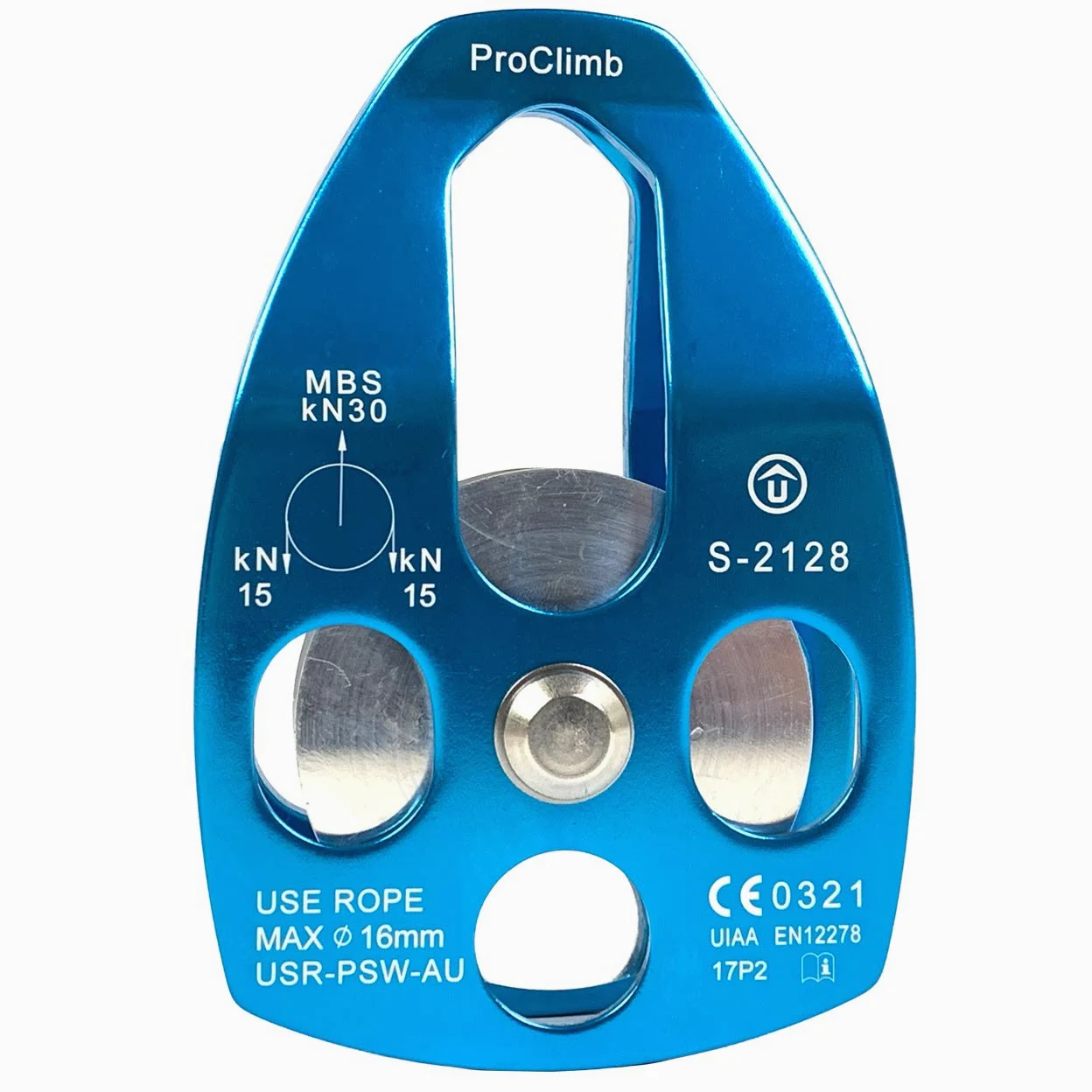 Polea de cuerda de aluminio de 30 kN con placa oscilante, certificado CE/UIAA, polea individual (azul) - Cuerda de 5/8 pulgadas
