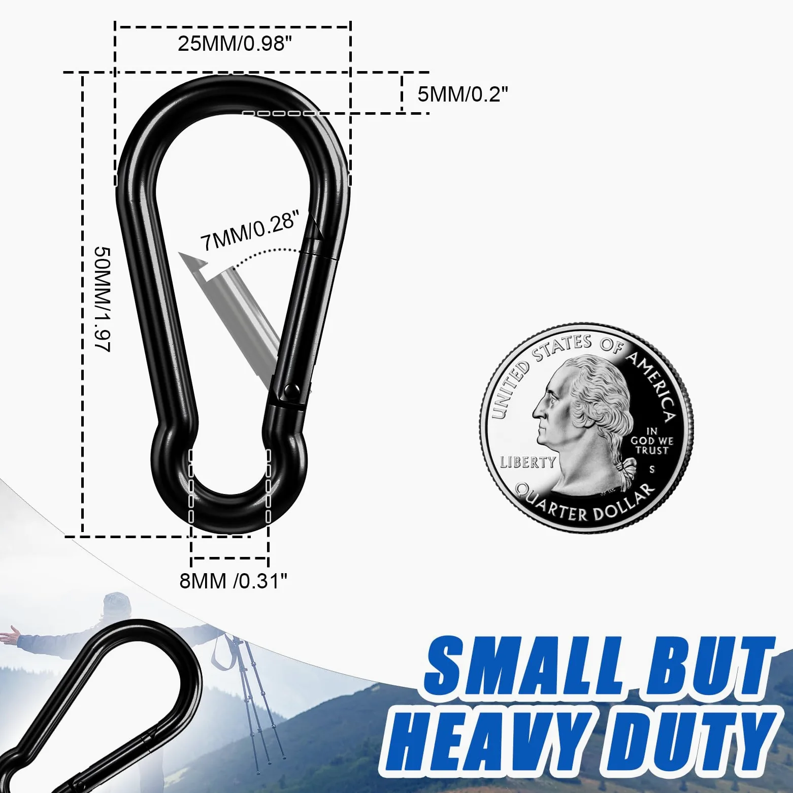 KINLINK Paquete de 25 mosquetones de acero al carbono negro, gancho de resorte resistente de 1.97 pulgadas, pequeños clips de caribeener para acampar al aire libre, columpio, hamaca, senderismo, pesca