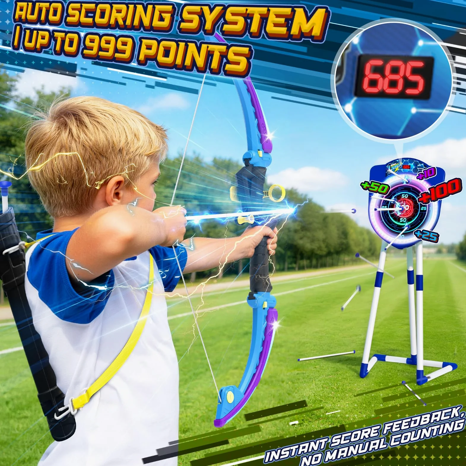 Vatos: Pack de 2 Arcos y Flechas LED para niños con puntuación automática; Juego de Tiro con Arco Luminoso Que Incluye 10 Flechas con ventosas, 2 carqueros y una Diana de Tiro con Arco LED