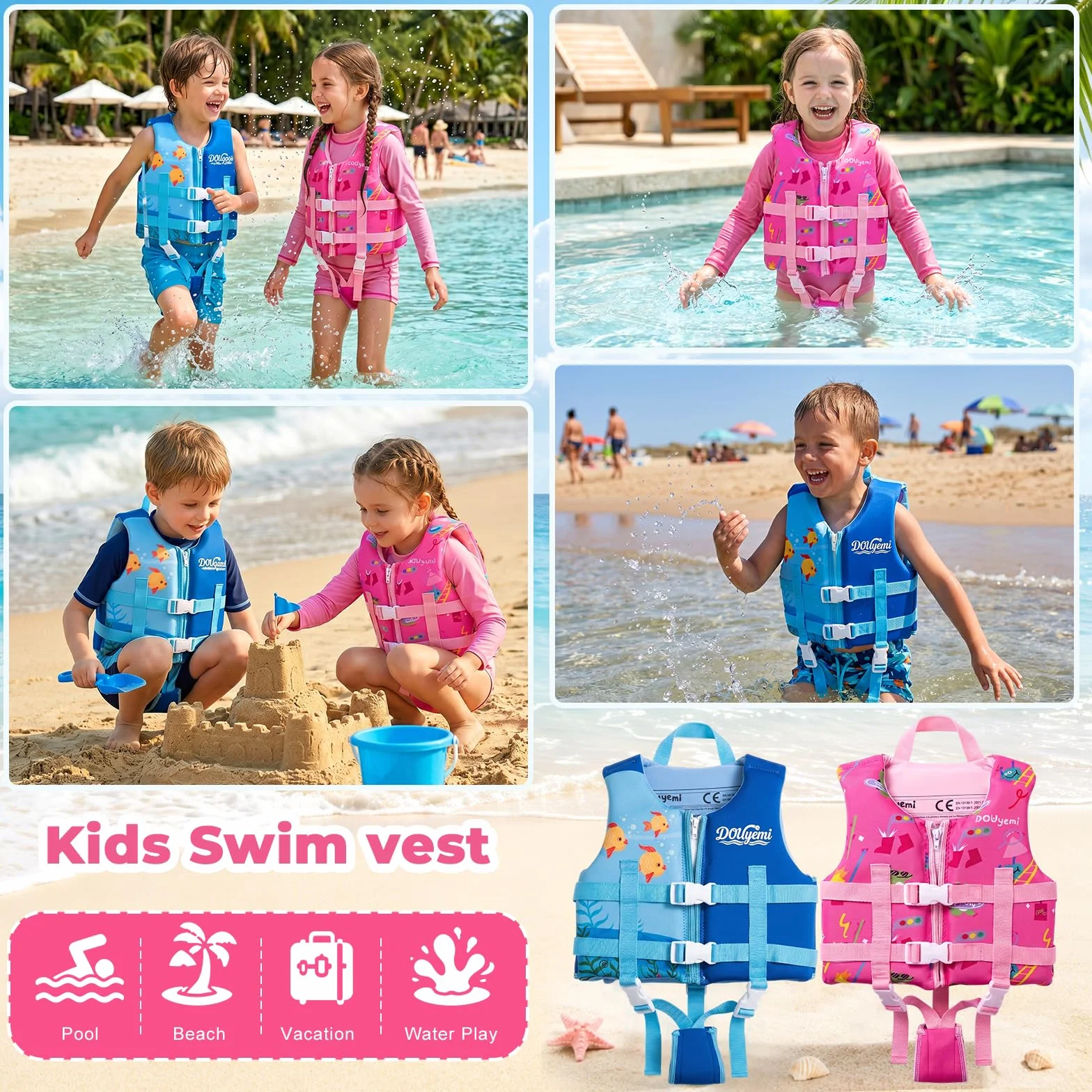 Chaleco de Natación para Niños Chaleco Flotador Bebe Kids Swim Vest Float Jacket, Chaleco de Piscina con Tirantes Dobles Ajustables, Ayuda de Natación a Partir de 2 a 3 Años para Niños
