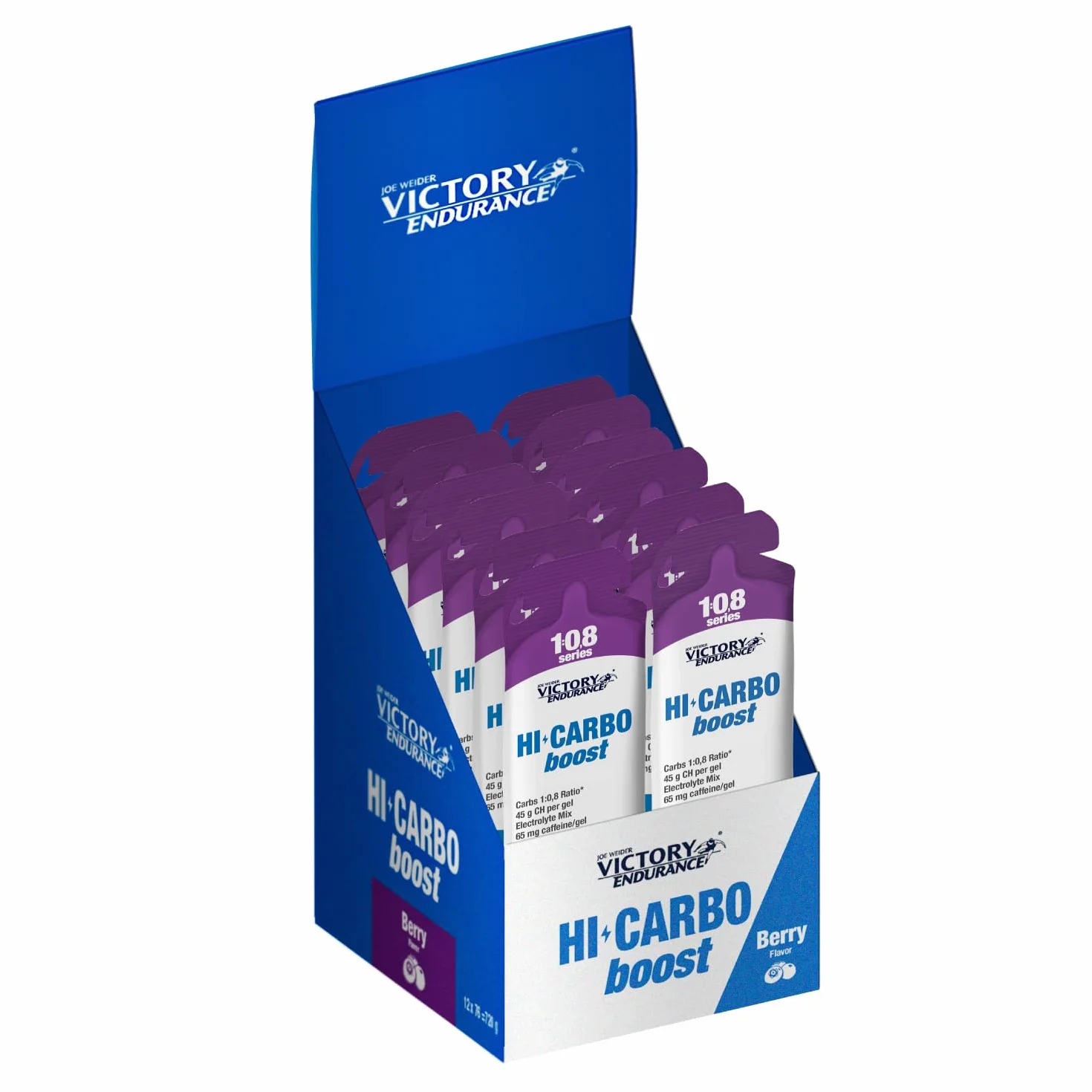 Victory Endurance HI Carbo Boost Gel 1:0,8 Series (12x76g) Sabor Frutos Rojos Con Cafeína, Alto en Carbohidratos 45g/gel, 200mg sodio/gel