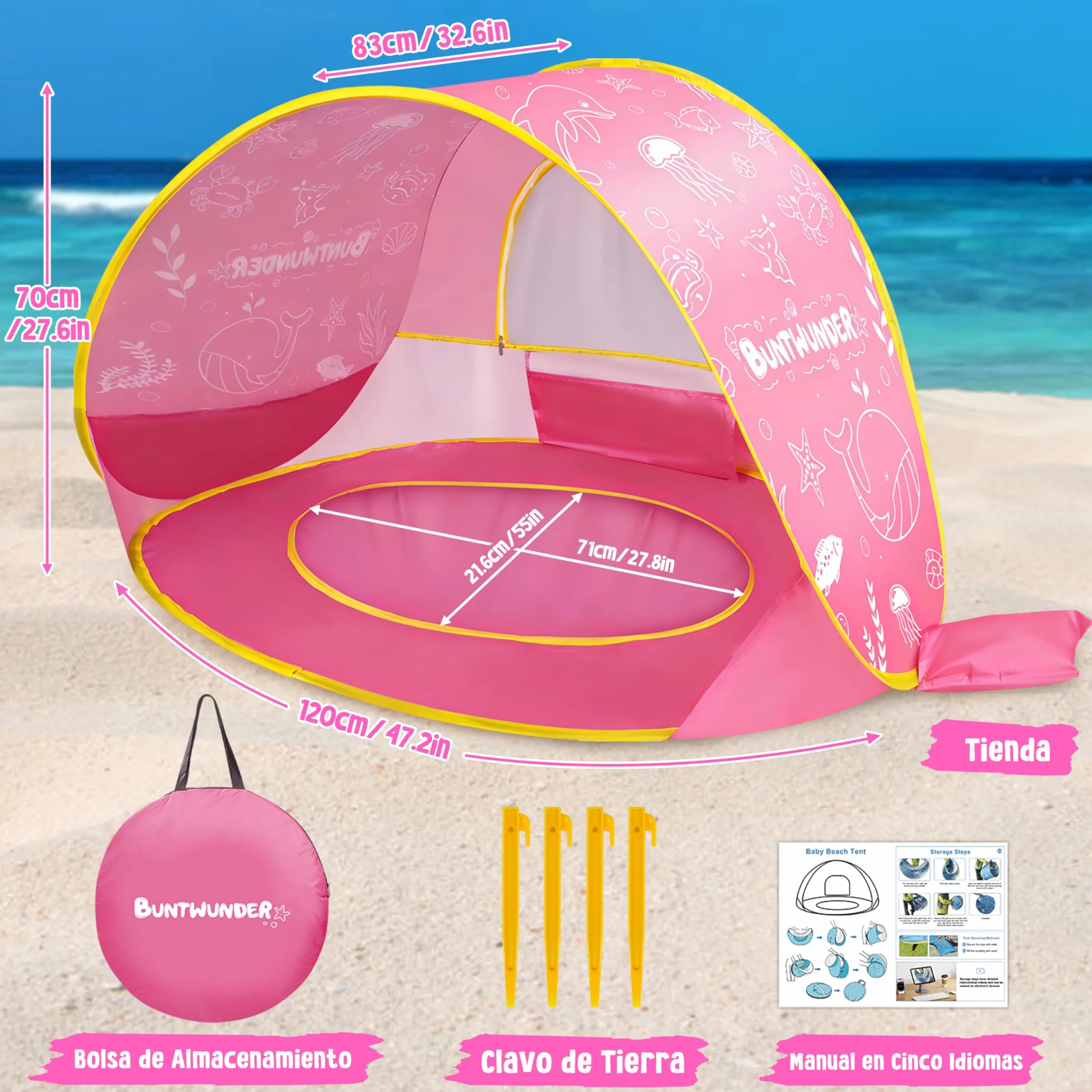 JONRRYIN Tienda Playa Bebé Pop Up, Tienda Refugio Infantil con Mini Piscina, Plegable Portátil Protección UV para Playa, Pícnic y Jardín (Rosa)