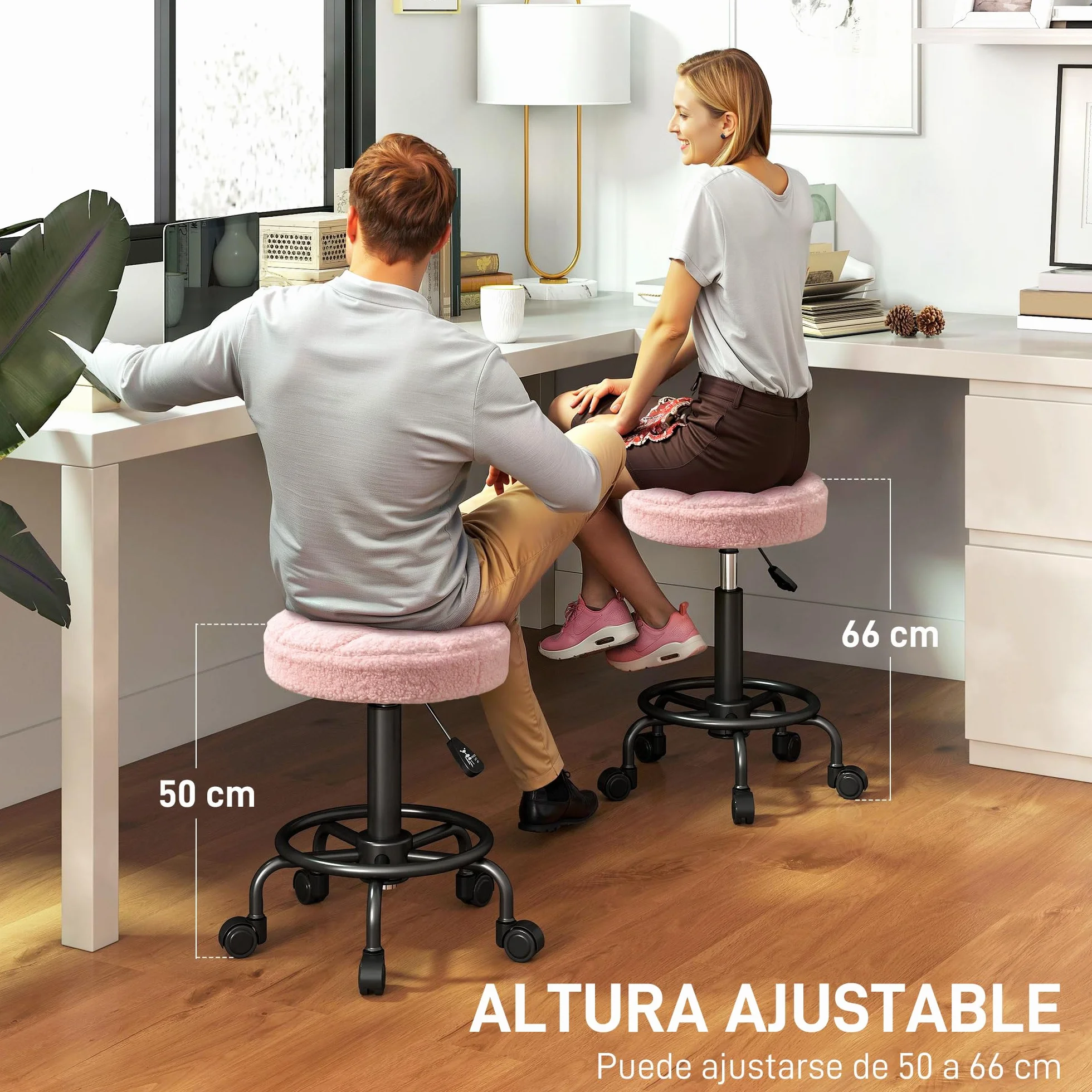 HOMCOM Taburete Giratorio Redondo con Ruedas Altura Regulable 50-66 cm Asiento Tapizado Tejido Borreguito Rosa