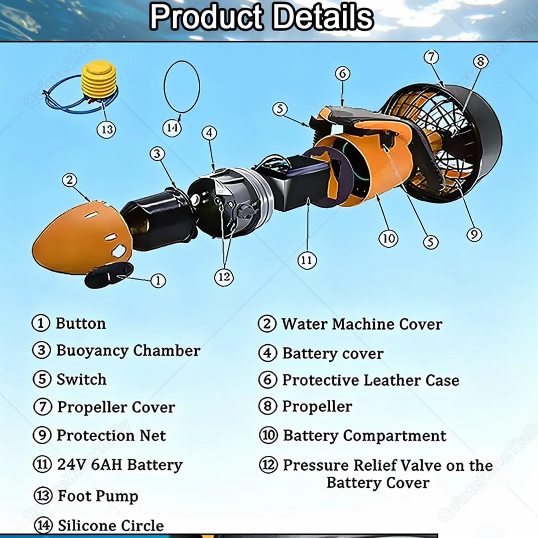 Sea Scooter Adultos,Potenciadores Natación Buceo 300w,Scooter Eléctrico Submarino Mar,con Hélice,Profundidad Máxima 20 M,para Deportes Acuáticos,Buceo Exteriores