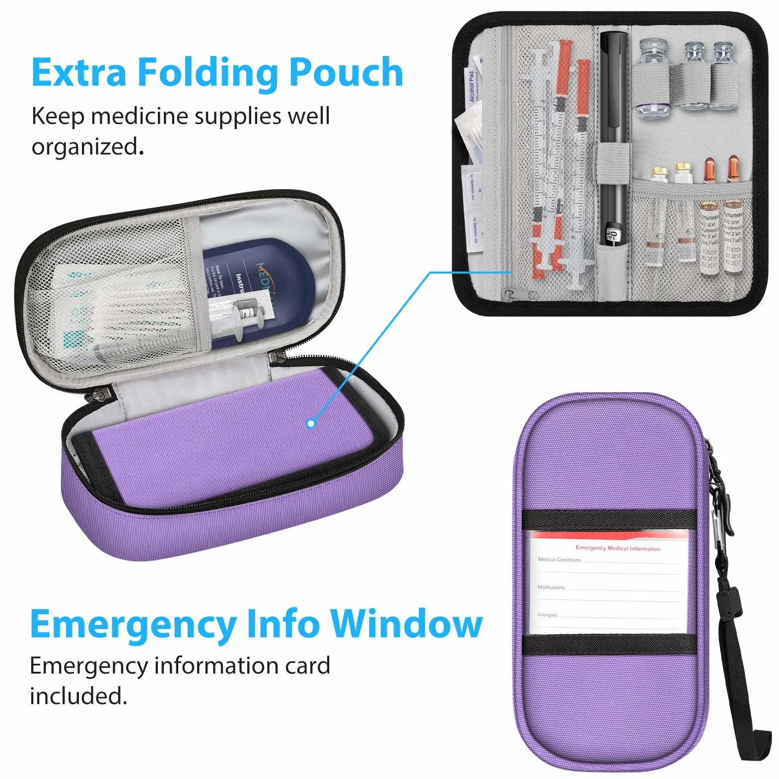 MEDMAX Enfriador Bolsa de Insulina 2 Paquetes de Hielo, Portátil Organizador de Medicamentos Aislado, Estuche para Bolígrafos de Insulina, Púrpura