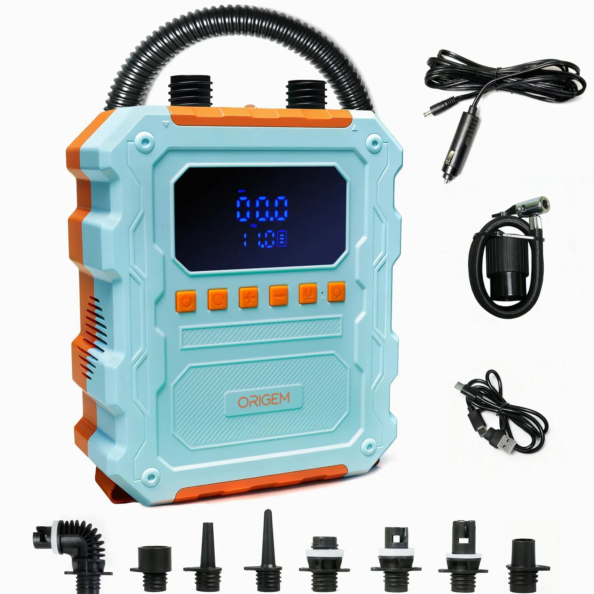 Origem 60PSI Inflador Paddle Surf Electrico, Bomba con 20800mAh Batería Recargable para 6–9 SUPs, Auto-Apagado, 10 boquillas, Type C, Hinchador para Tablas,Bote Inflable,Tienda,Colchoneta,neumático