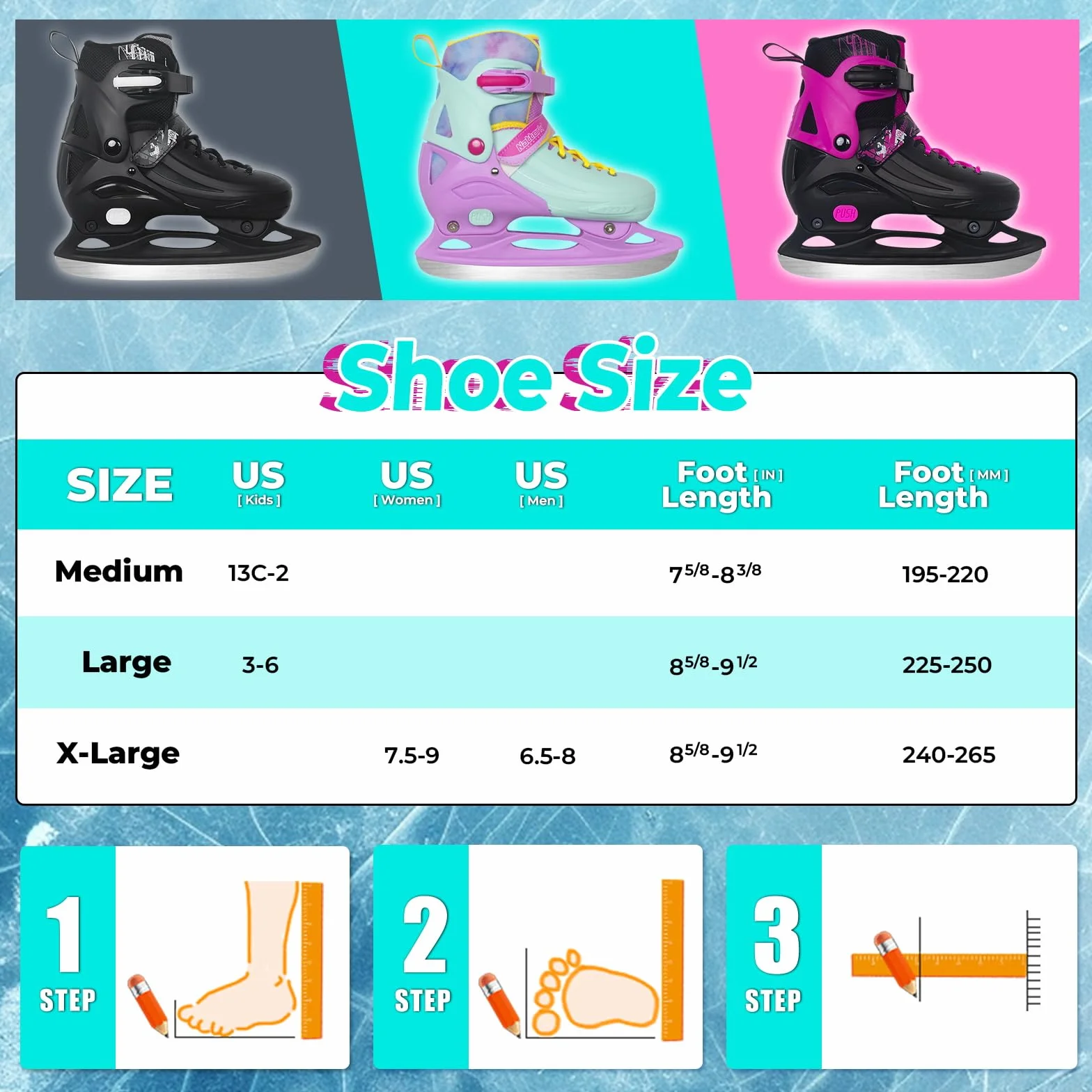 Nattork Patines de Hielo de 4 tamaños Ajustables para niños y niñas, Divertidos para Principiantes, Patinaje sobre Hielo para Exteriores, protección Dura Suave y cómoda para niños