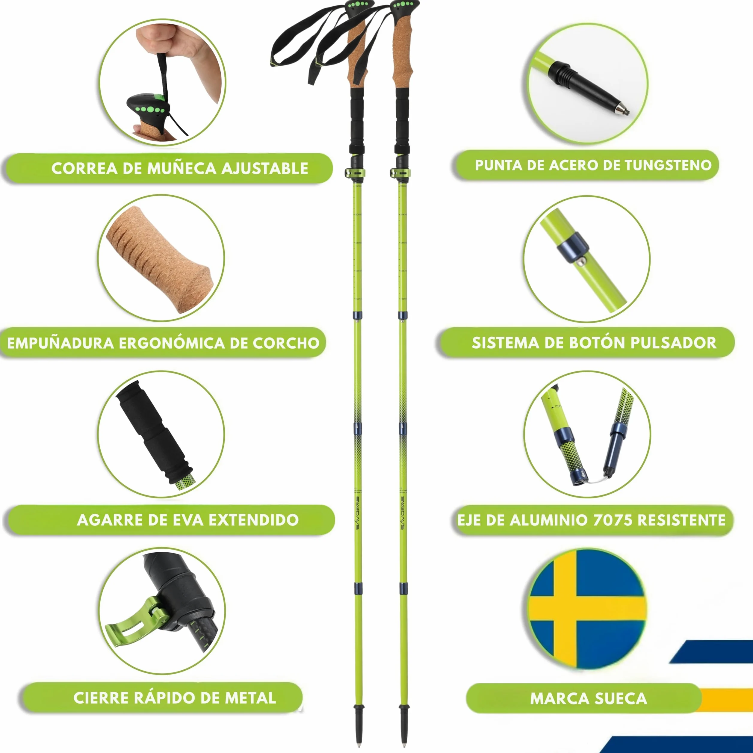 Bastones de Senderismo Plegables (35cm Plegados) - Carbono 3K o Aluminio 7075 - Telescópicos 115-135cm - Ultraligeros & Compactos - Mango de Corcho - Hombre & Mujer