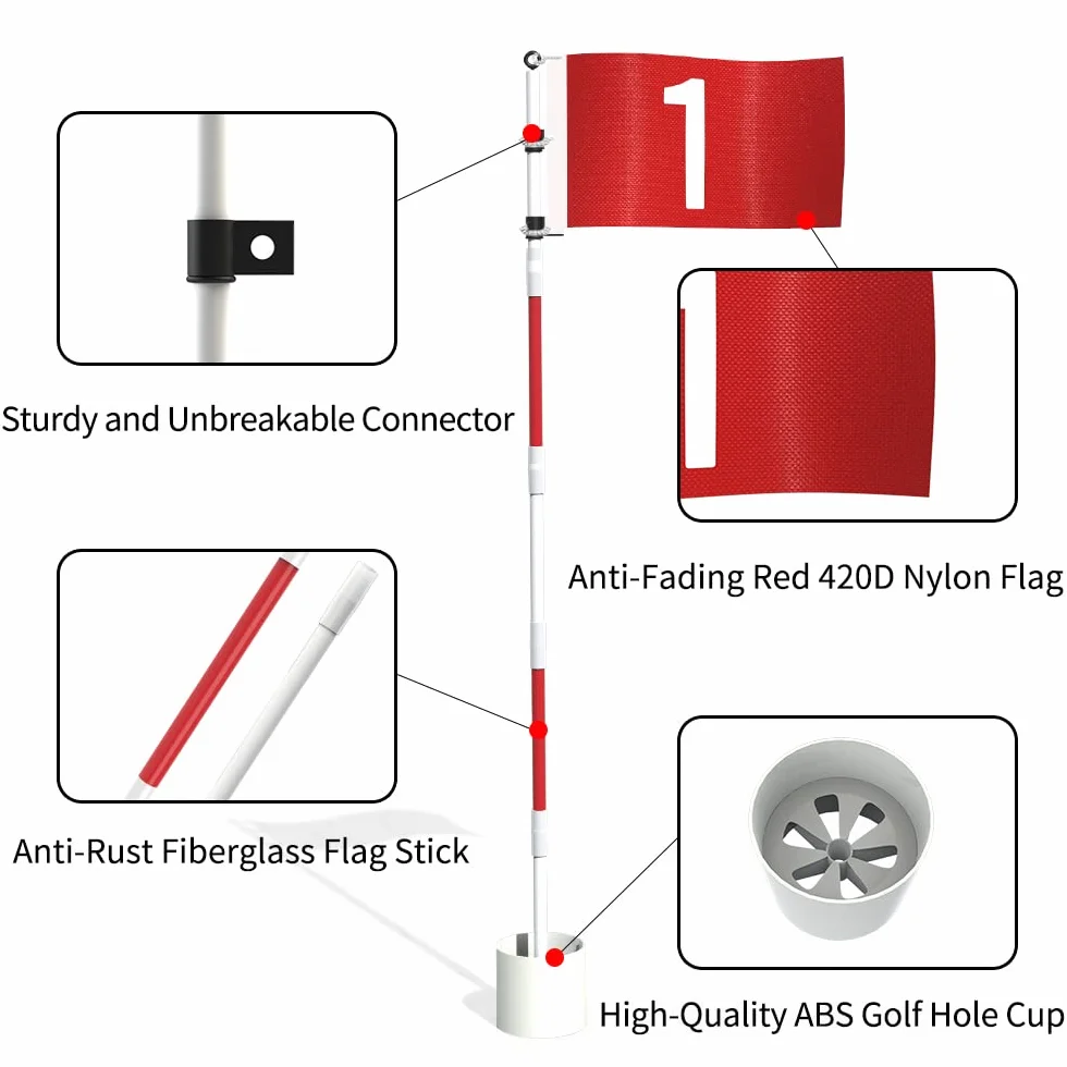 THIODOON Bandera de golf de 6 pies y taza para patio profesional, copa de agujero de golf desmontable y bandera para campo de conducción, patio trasero, fibra de vidrio antioxidante, diseño de 5
