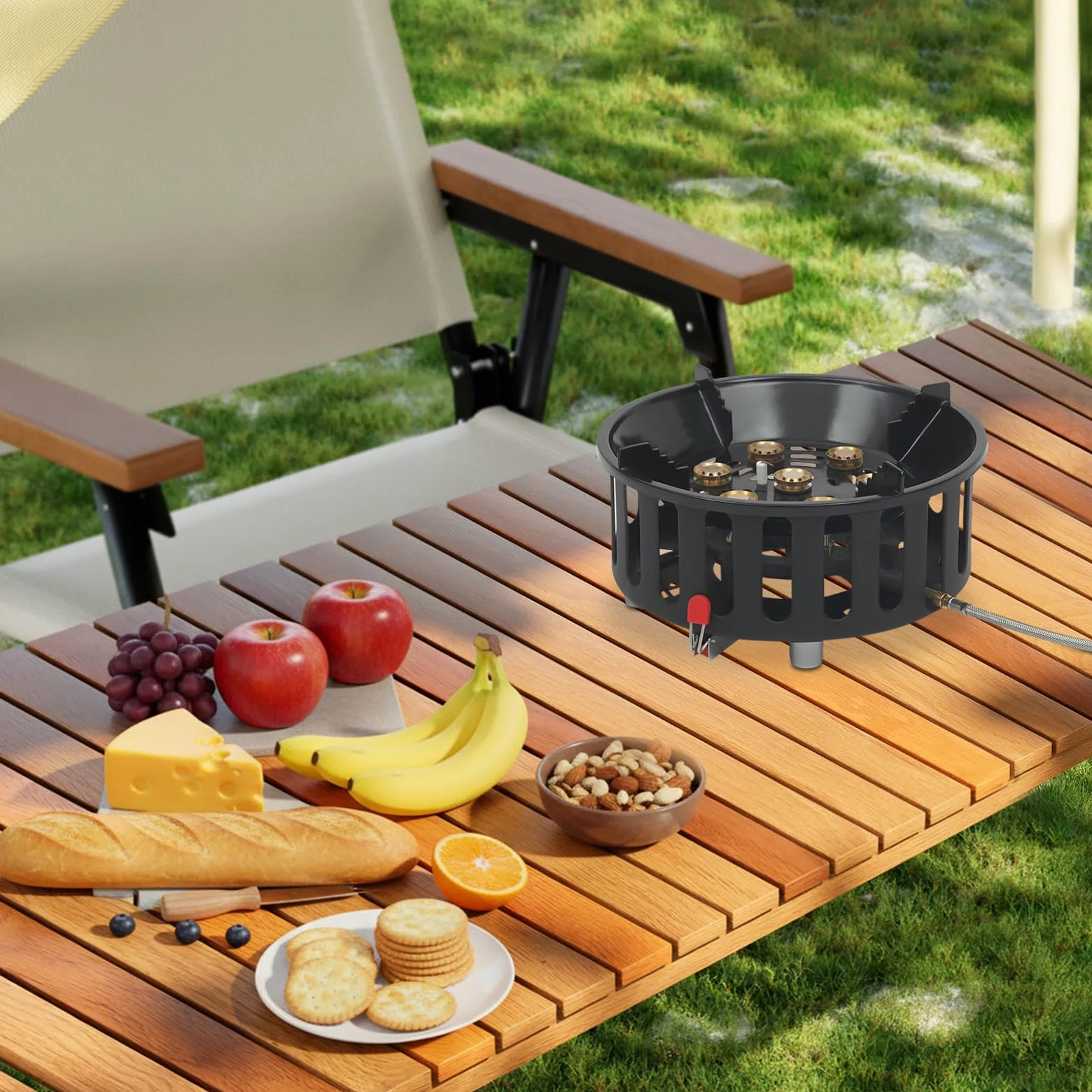 Hornillo de camping, estufa de gas portátil, 21000 W, camping Stove portátil, acero aluminio cobre, 7 quemadores antiviento, encendido electrónico,2 adaptadores,camping senderismo picnic