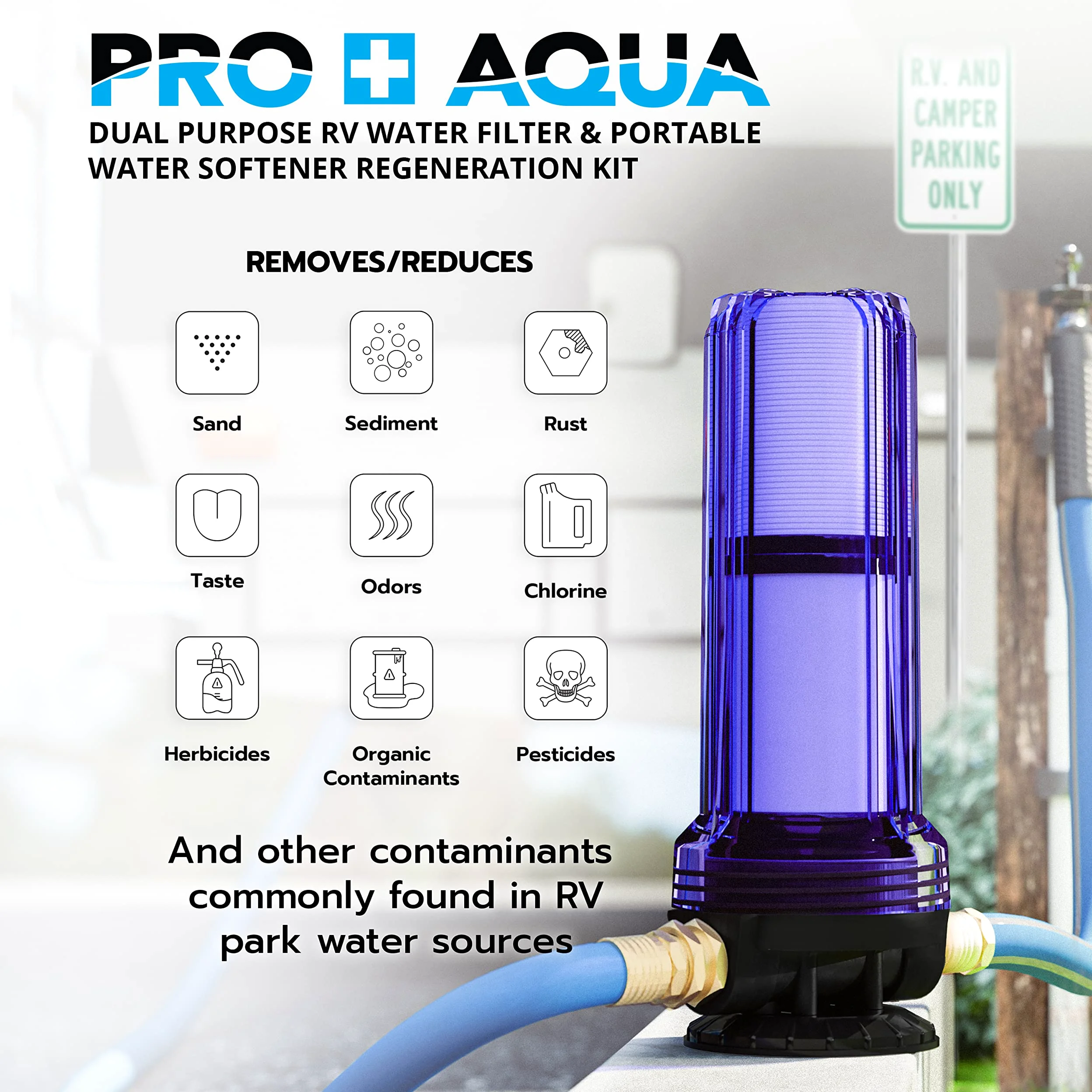 PRO+AQUA Kit de regeneración/filtración de 2 etapas para ablandadores de agua portátiles, elimina cloro, mal sabor, olores, sedimentos, bacterias, ajuste universal, sistema de protección, 5 micras