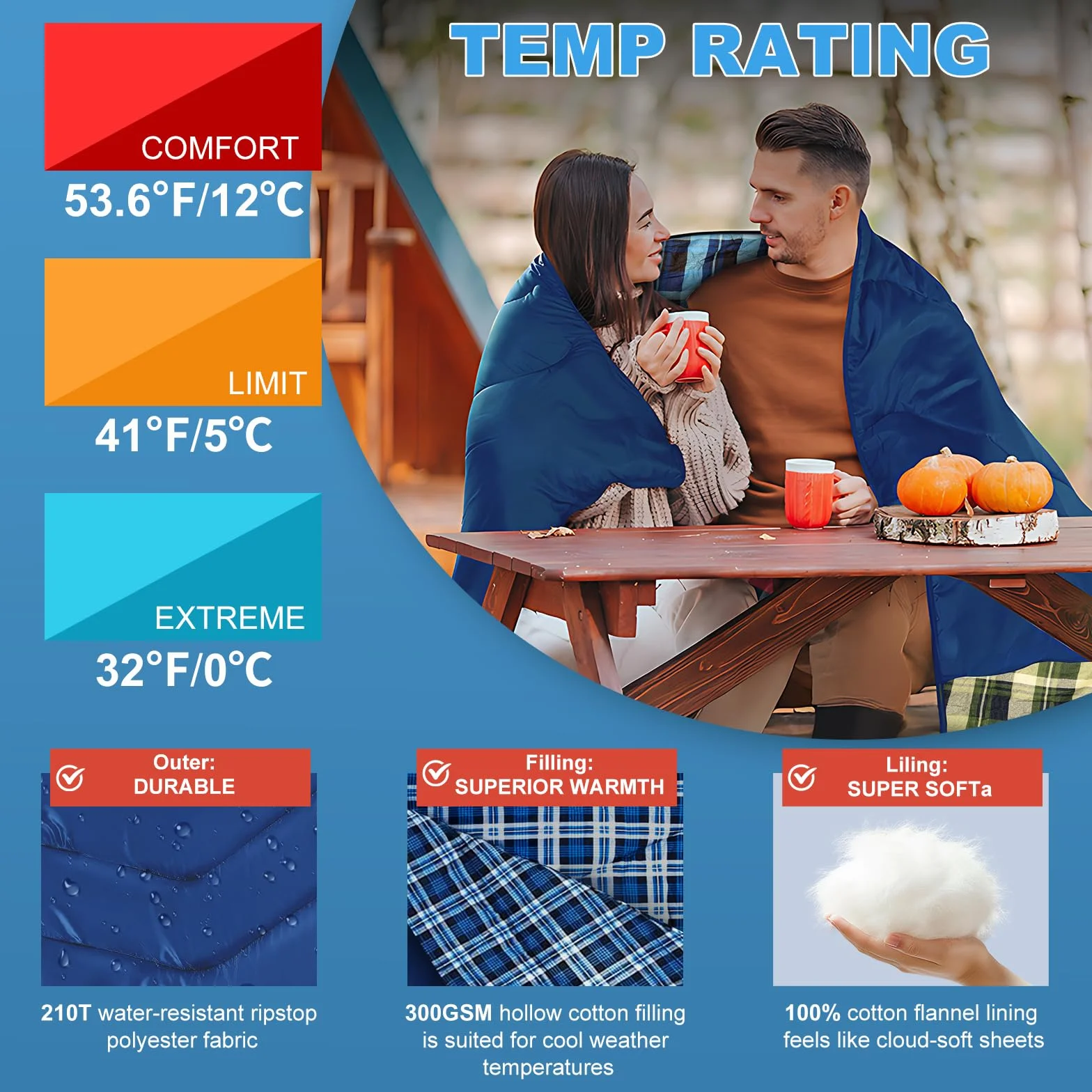 Double Sleeping Bag for Adults Camping, XL Queen Size 2 Person Cotton Flannel Sleeping Bags for All Season Hiking Backpacking, Lightweight Waterproof for Cold Weather & Warm
