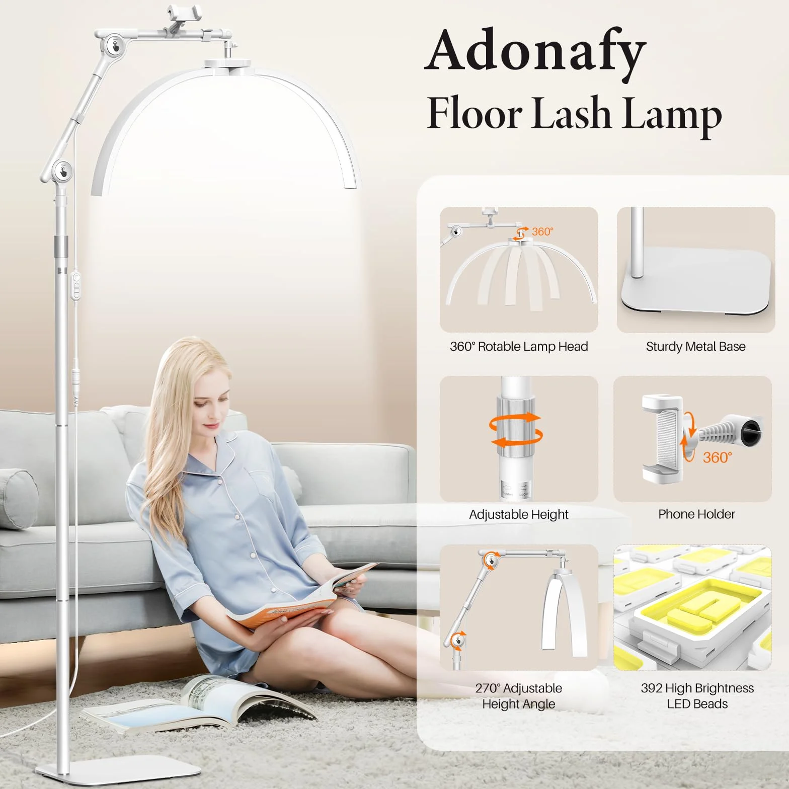 Lampara LED de pie para Pestañas 28" Plegable 3 Temperaturas de Color Cabezal Giratorio 360° Soporte Cuidado Piel Tatuaje Blanco