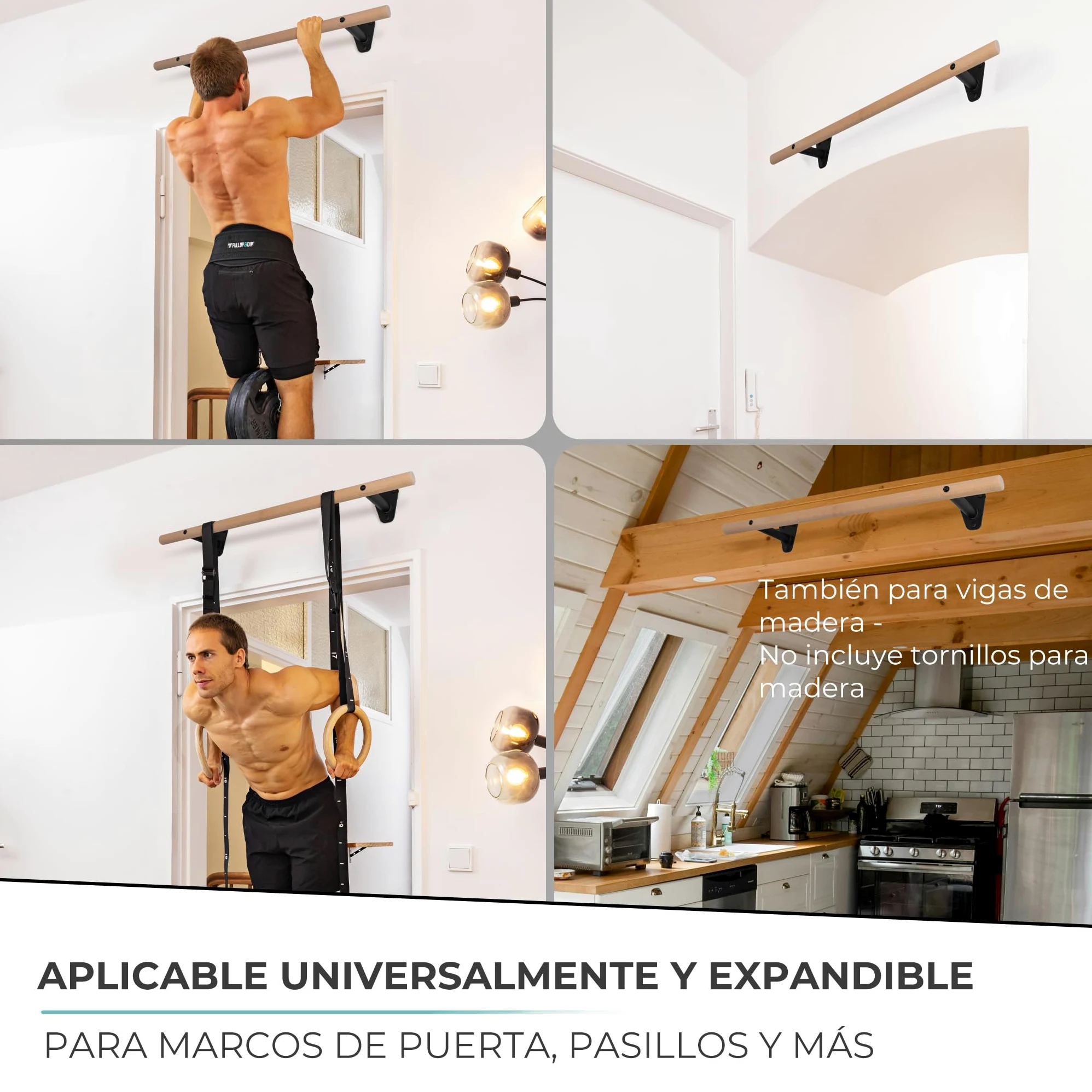 PULLUP & DIP barra de dominadas de madera de haya – para montar en pared sobre el marco de la puerta – barra de 40 mm para dominadas y fuerza de agarre – barra de pared para gimnasio en casa