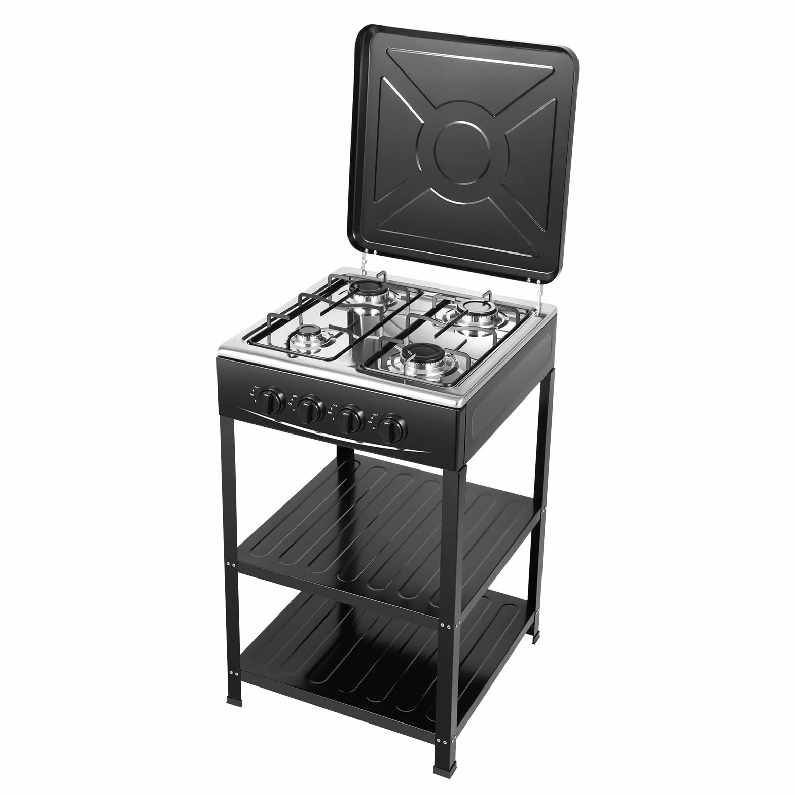 Cocina de Gas Natural de 4 Quemadores, Estufa de Gas Independiente con Doble Estante, para Camping o Actividades Familiares al Aire Libre, 49 x 49 x 79 cm