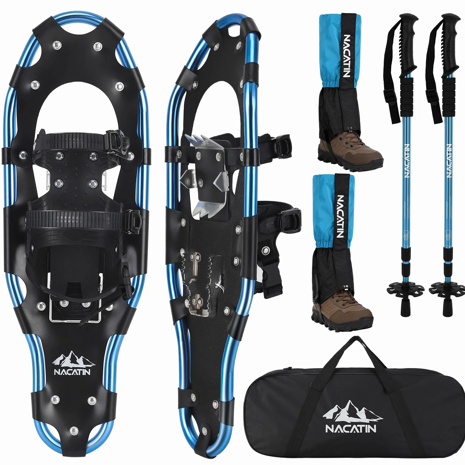 Kit de Raquetas de Nieve 4 en 1, Aluminio Ligeras, Bastones Ajustables, Polainas Impermeables, Bolsa Transporte (Azul, 53cm)