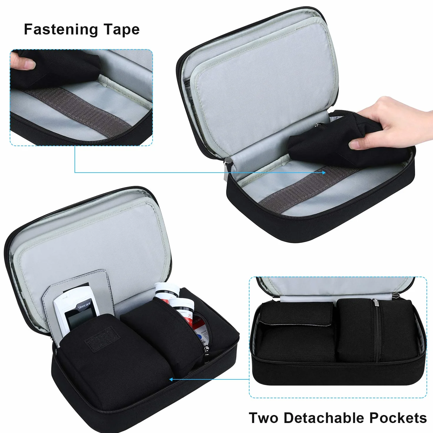 Bolsa Diabética Simboom Doble Capa para Monitor de Glucosa, Tiras de Prueba, Dispositivo de Punción - Negro
