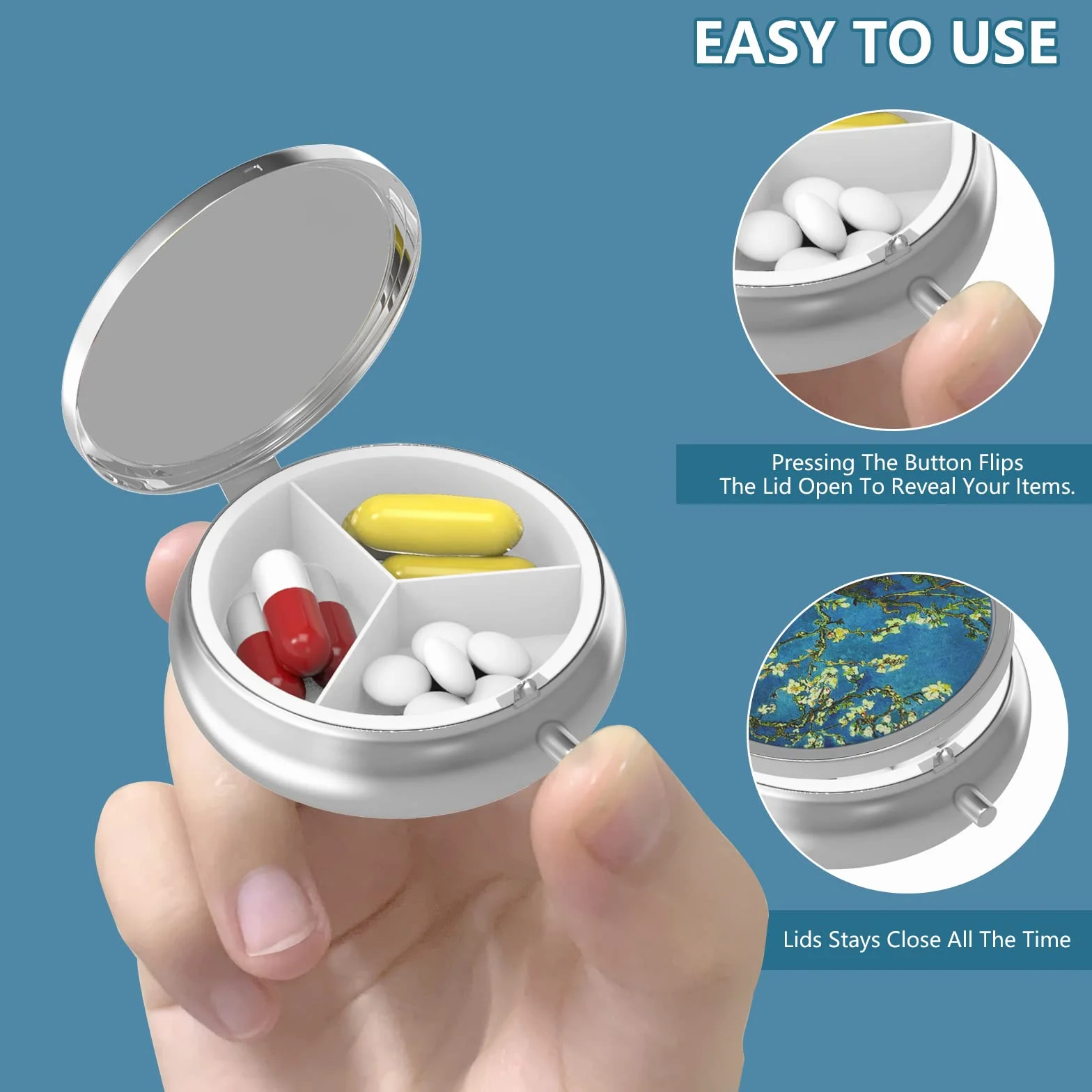 Pastillero metálico decorativo de 3 compartimentos portátil para bolsillo o bolso organizador de vitaminas