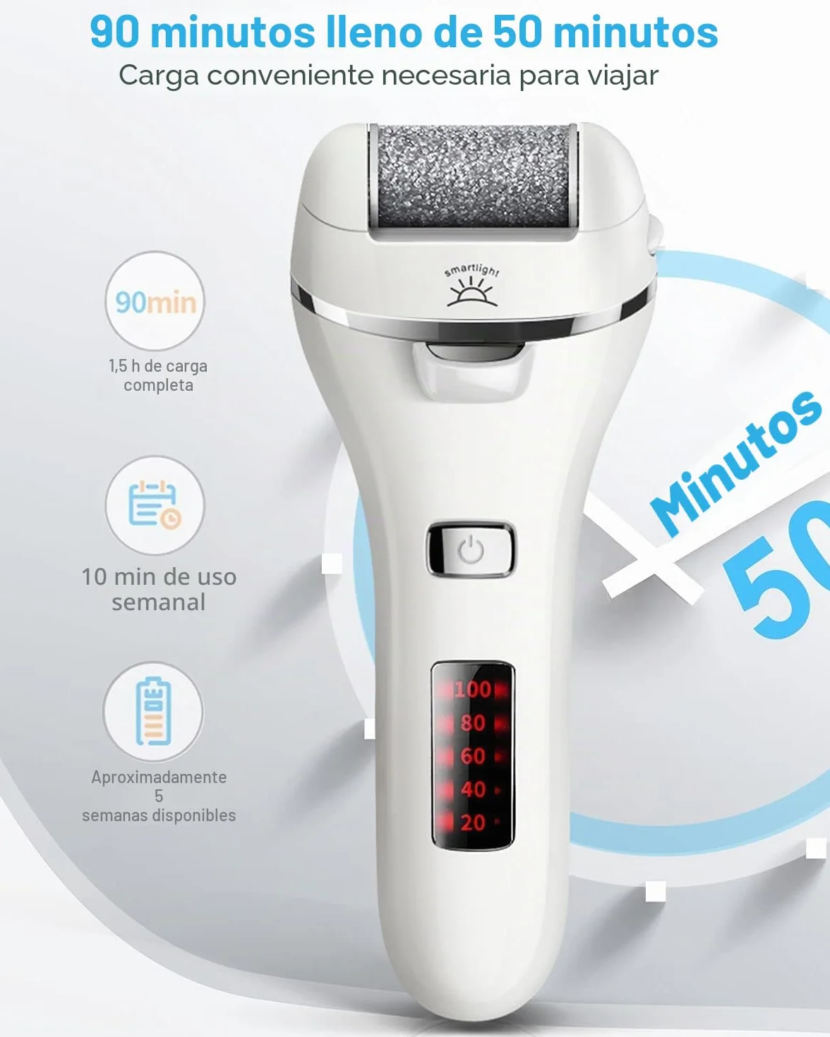 Vxdoirk Profesional Quita Durezas para Pies Electrico Recargable e Impermeable 3 Rodillos 2 Velocidades Blanco