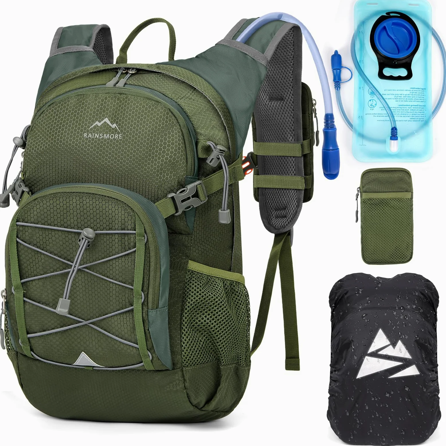 RAINSMORE Mochila de Hidratación con Bolsa de Agua 2L Mochila Bicicleta Montaña Mujer Hombre con Funda Impermeable para Senderismo Correr Ciclismo Trail Running Escalada Deportes al Aire Libre