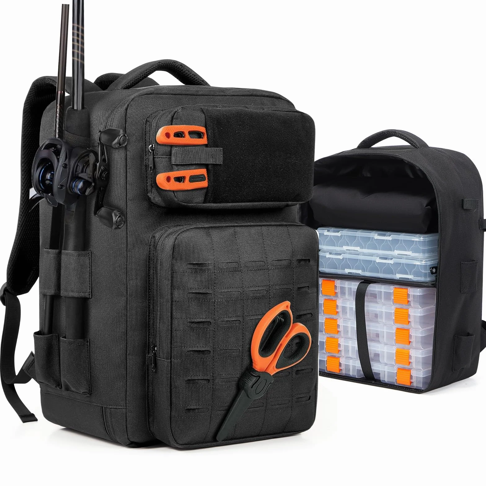 WEFLIER Mochilas de Pesca, Bolsos de Equipos de Con Accesorios de Pesca Con Palos de, Bolsos de Viaje Con Bolsas de Almacenamiento 48l, Caza de Campamento, Camping, Trekking, Negro