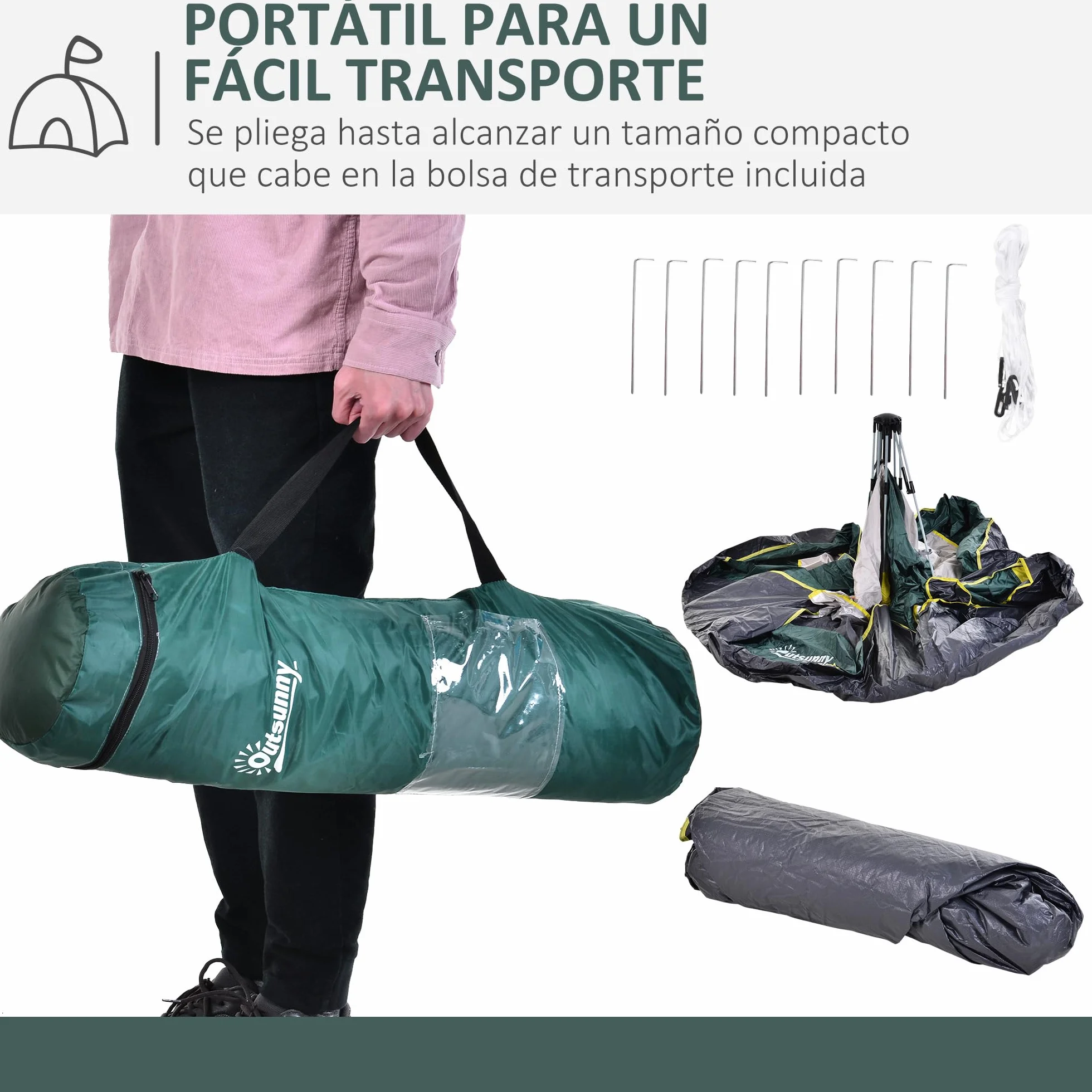 Outsunny Tienda de Campaña Pop-up 3 Personas Impermeable 1000 mm Plegable 205x195x135 cm Verde