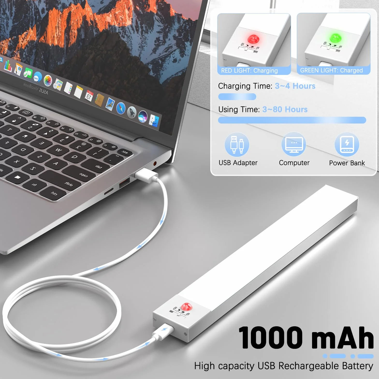 OUILA Luz LED Armario Magnética con Sensor Movimiento Blanco Natural 5000K 36 LEDs 4 Modos Recargable USB 1000mAh 2 Piezas