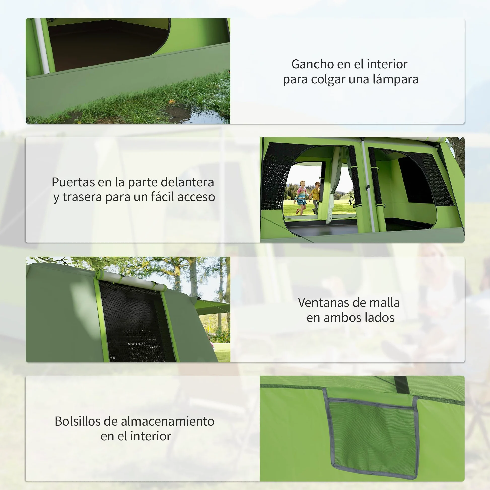Outsunny Tienda de Campaña Familiar para 4-8 Personas Tienda de Camping Impermeable 2000 mm Tienda de Acampada con Mosquitera Gancho y Bolsa de Transporte Anti-UV 405x305x225 cm Verde